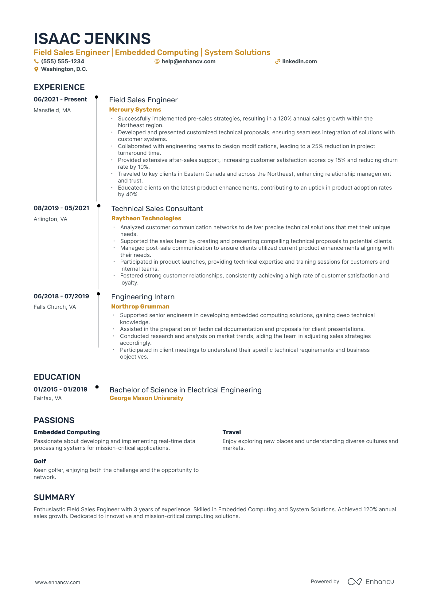 Field Sales Engineer resume example