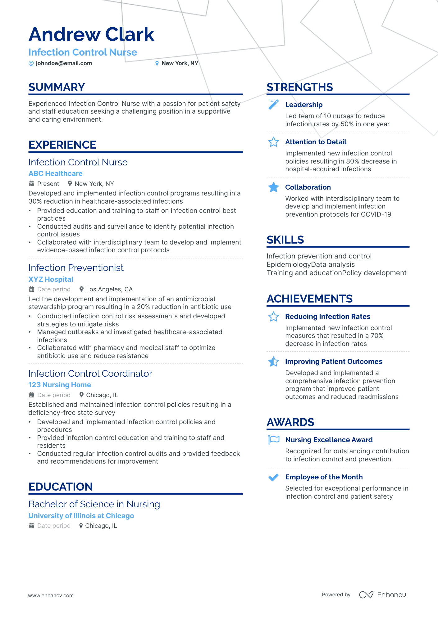 Infection Control Nurse resume example