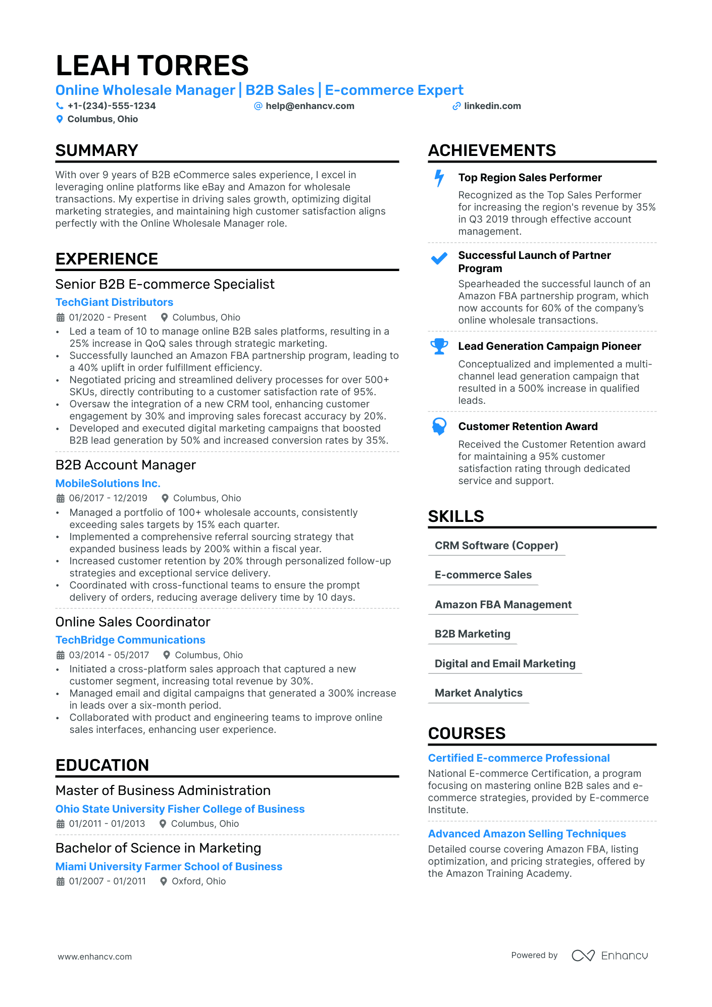 Wholesale Manager resume example