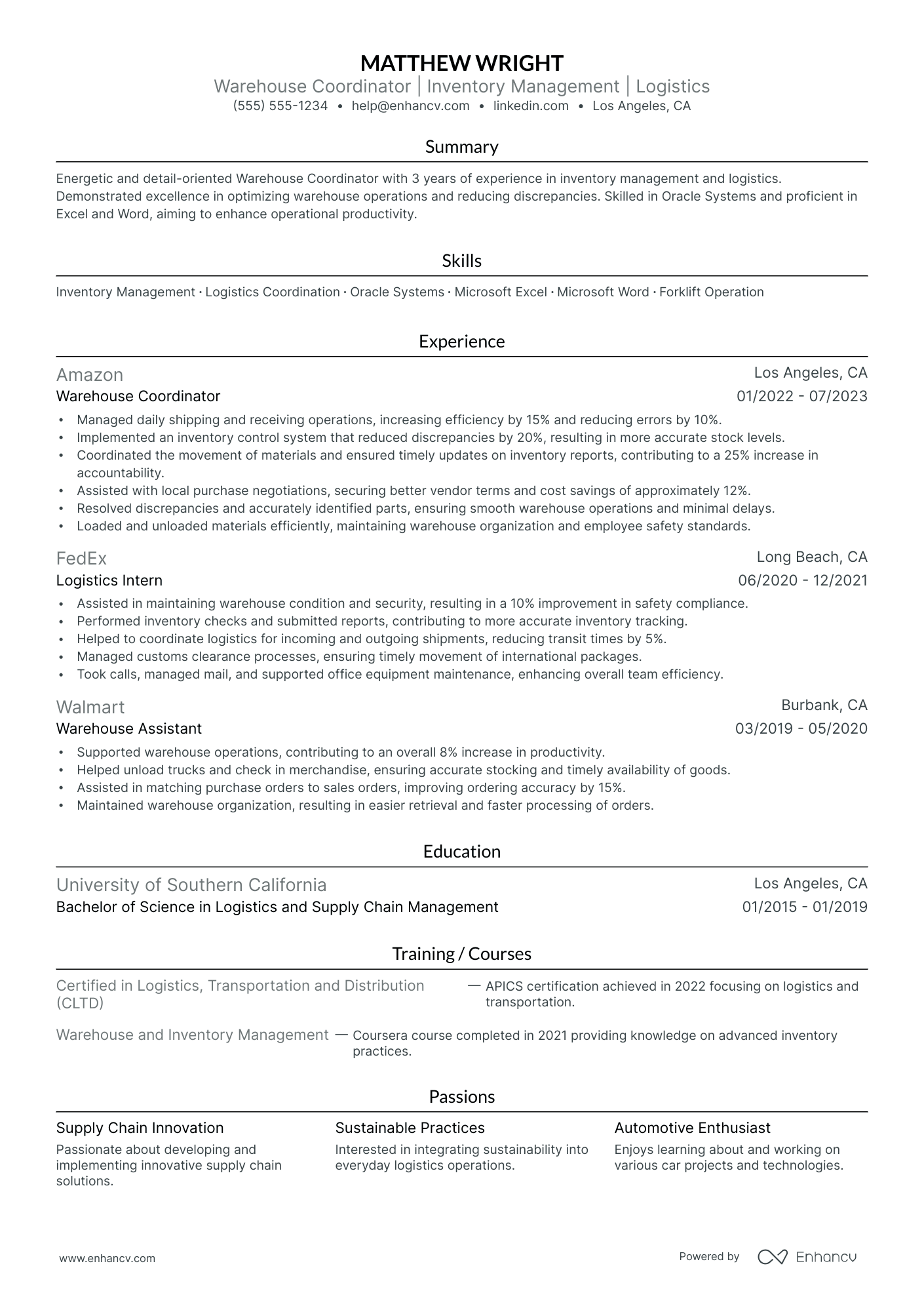 Warehouse Lead Coordinator resume example