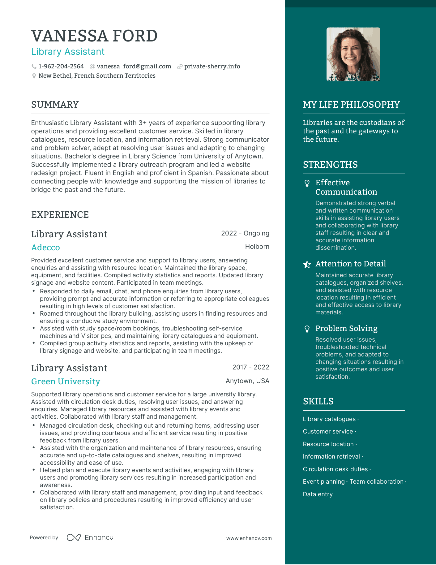 Library Assistant resume example