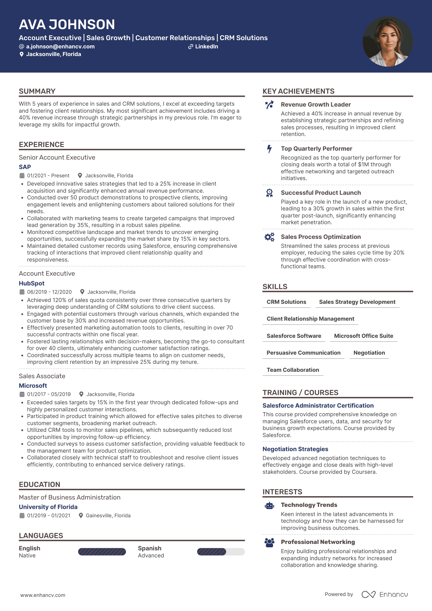 Navy Creative resume template A creative resume template for a graphic designer with purple accent colors and a photo.