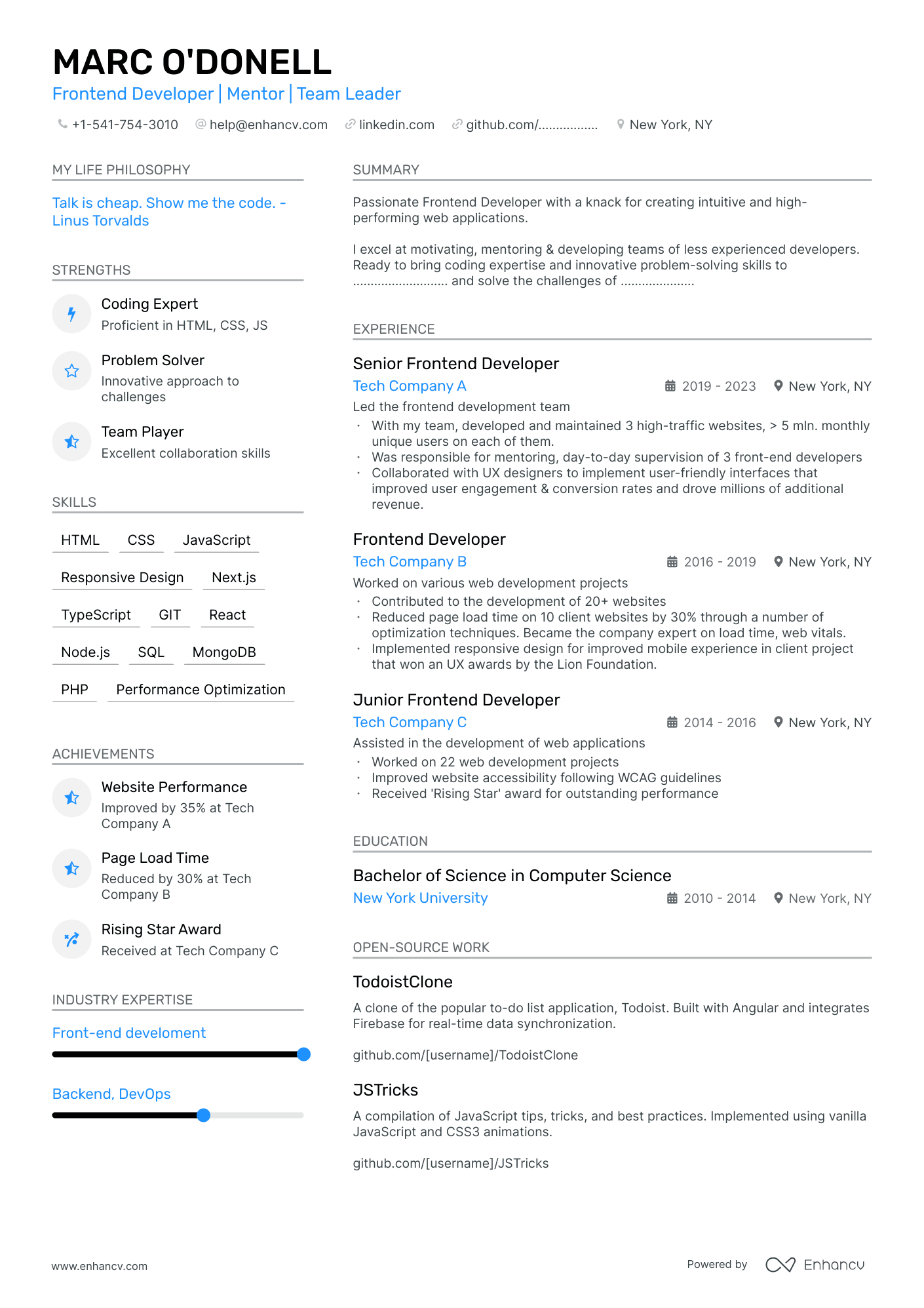 Front End Developer resume example