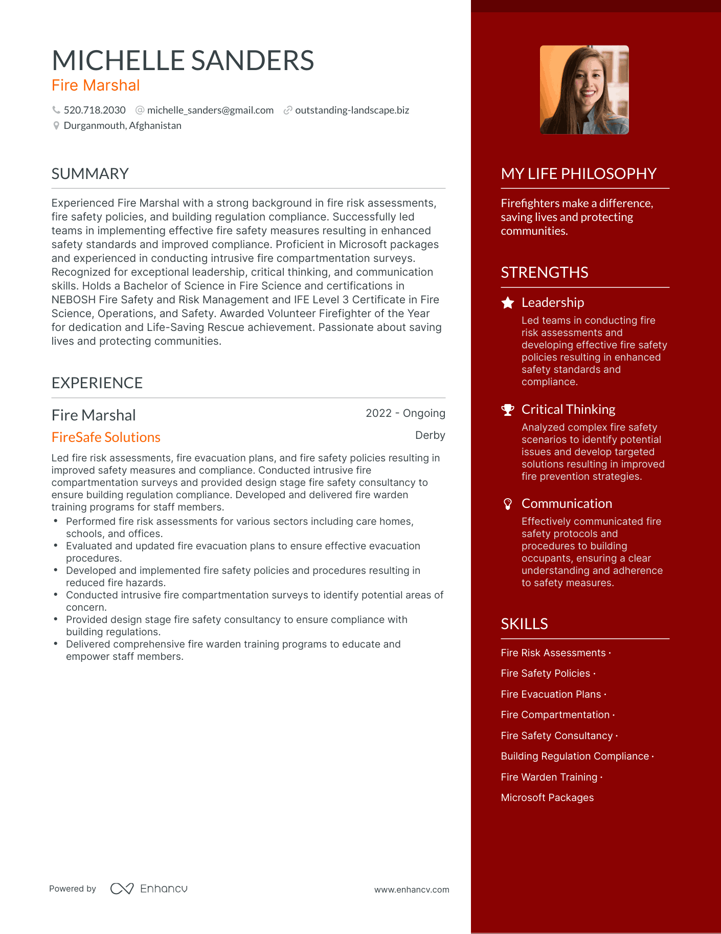 Fire Marshal resume example