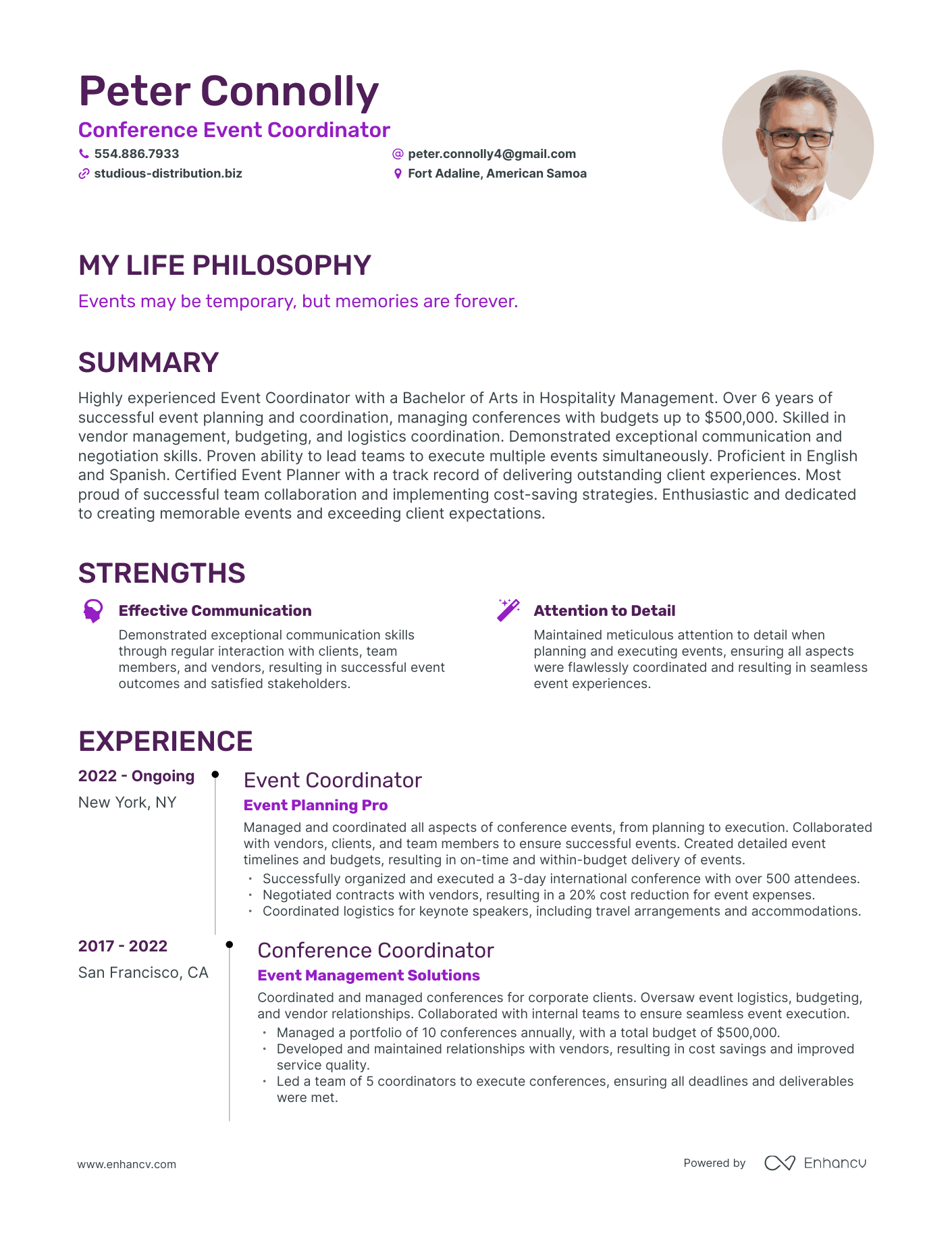 Creative Conference Event Coordinator Resume Example