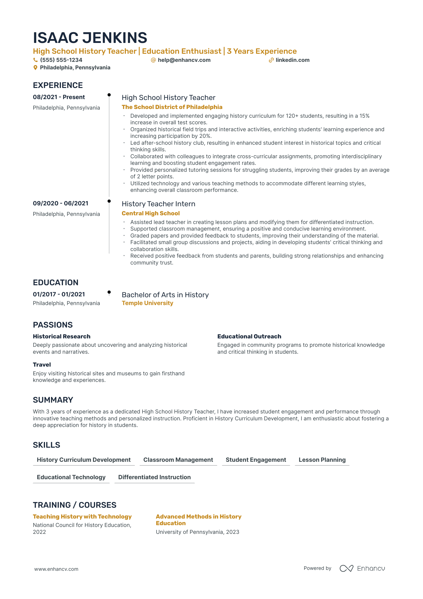 Substitute History Teacher resume example