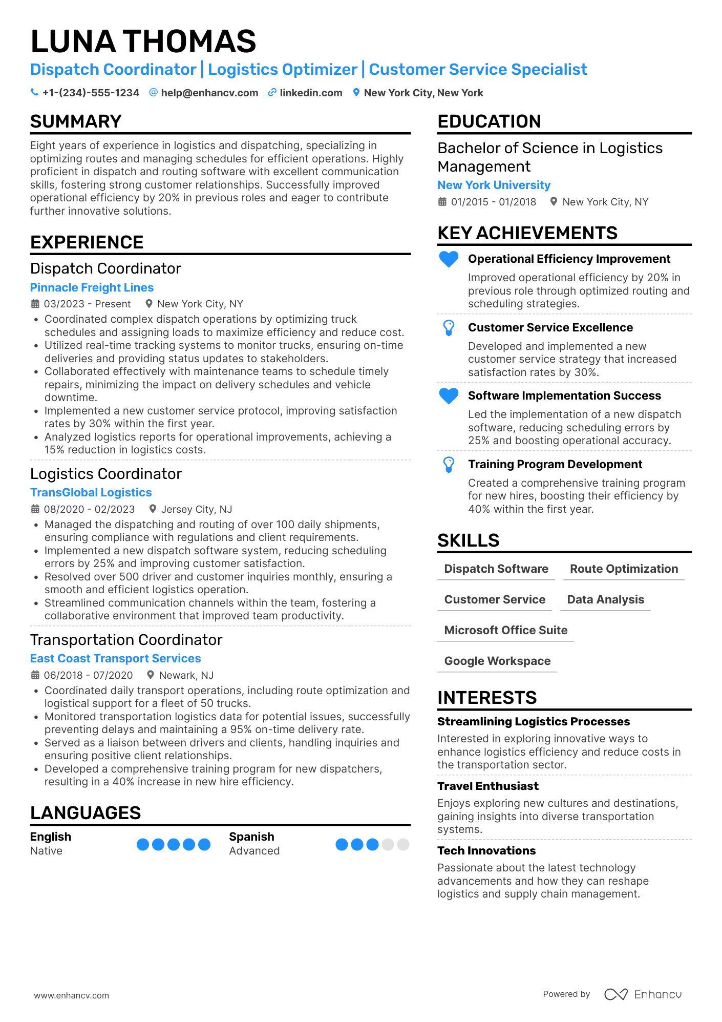 Truck Dispatcher resume example