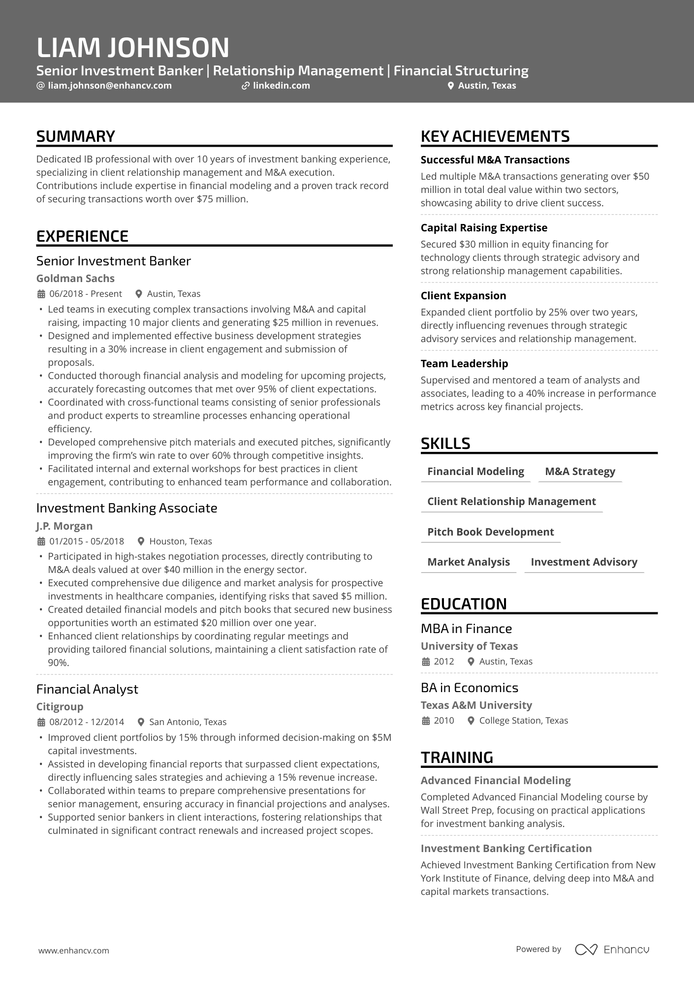 Investment Banking resume example