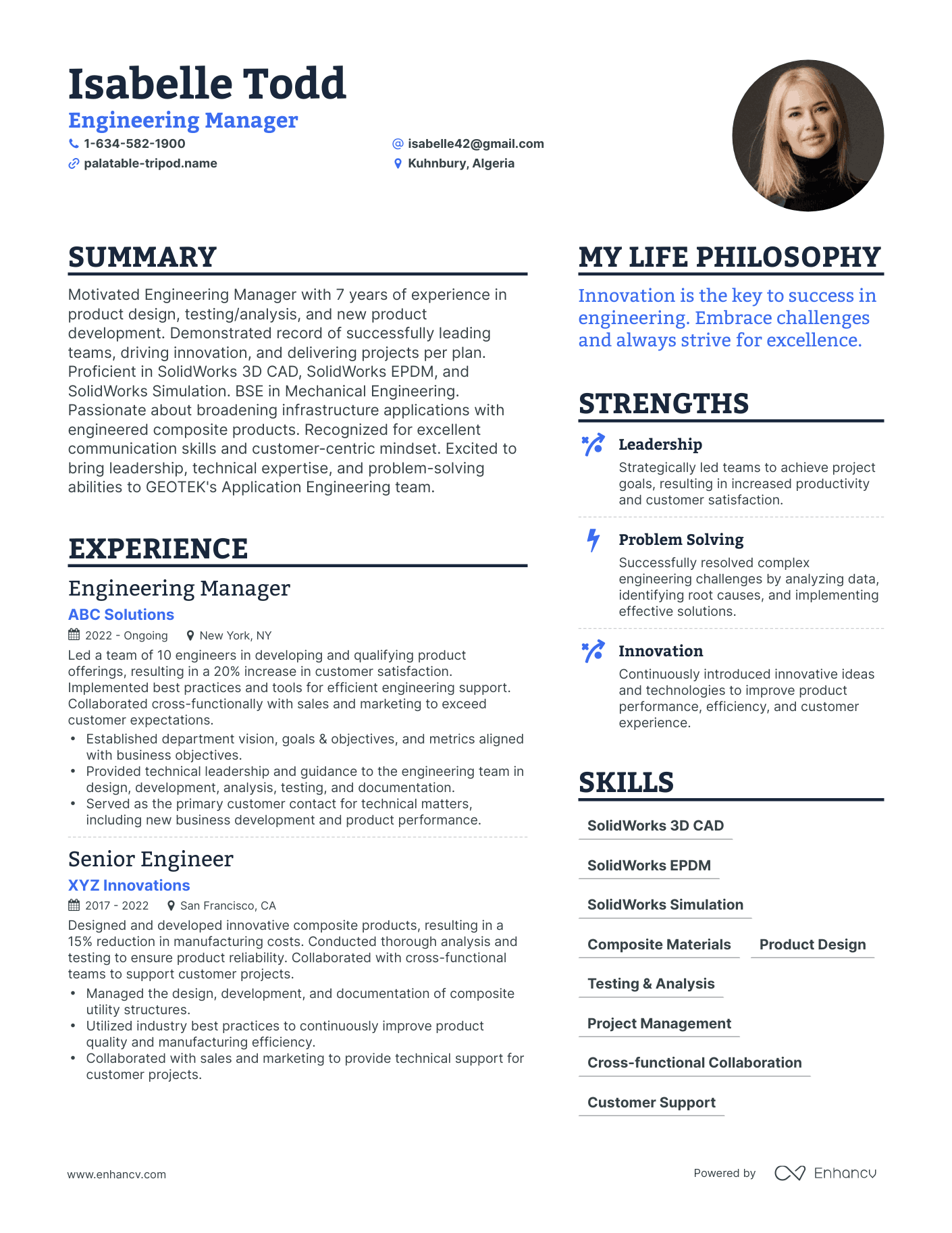 Modern Engineering Manager Resume Example