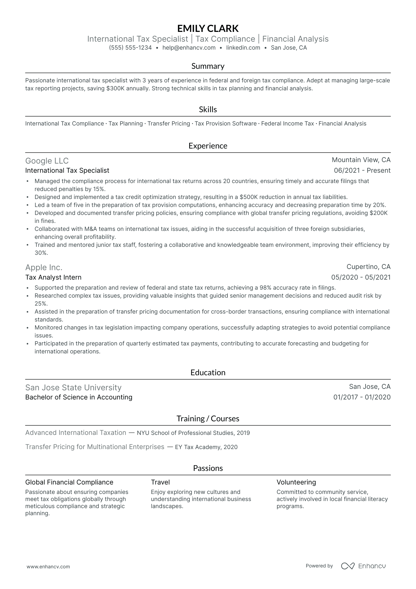 International Tax Accountant resume example