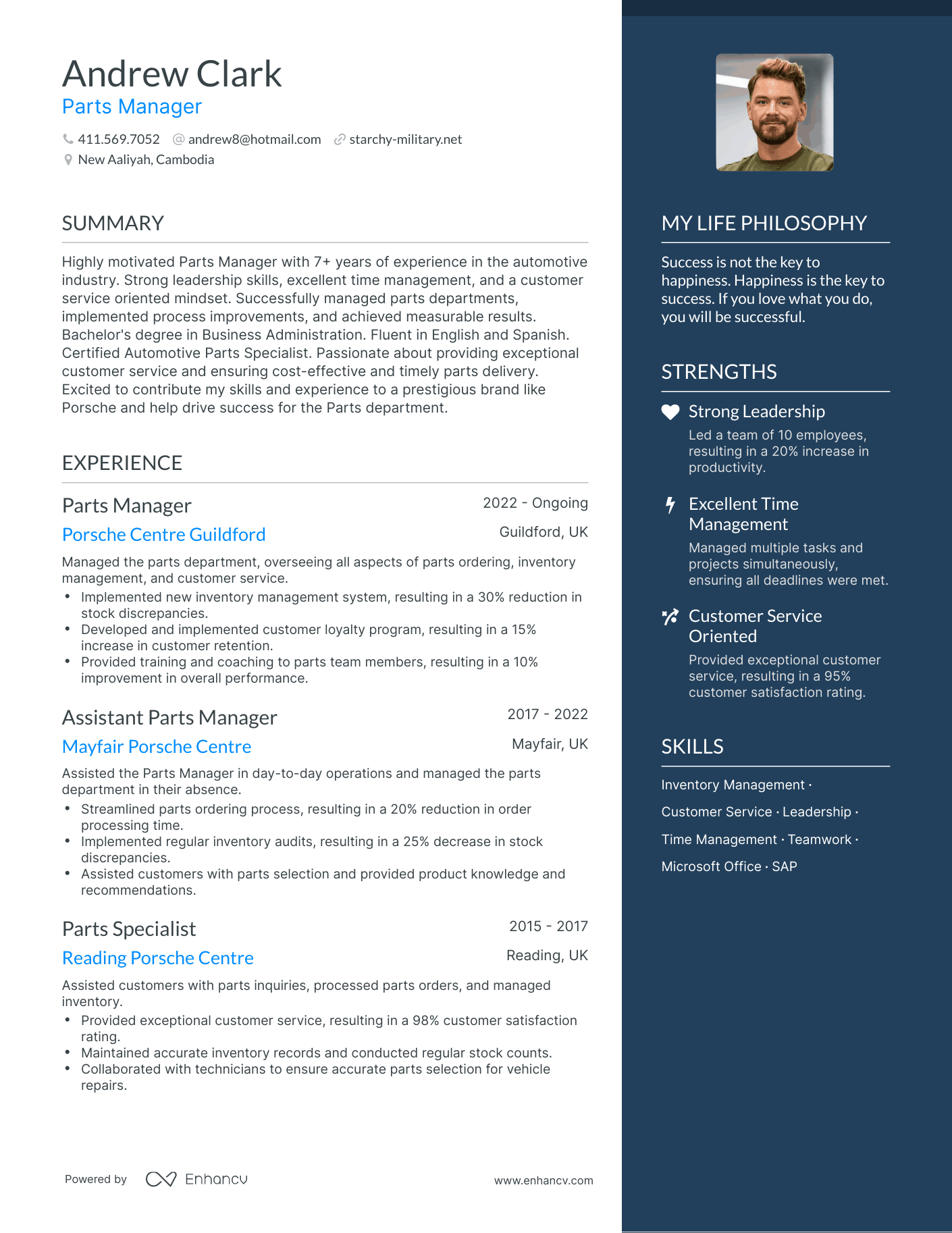 Parts Manager resume example