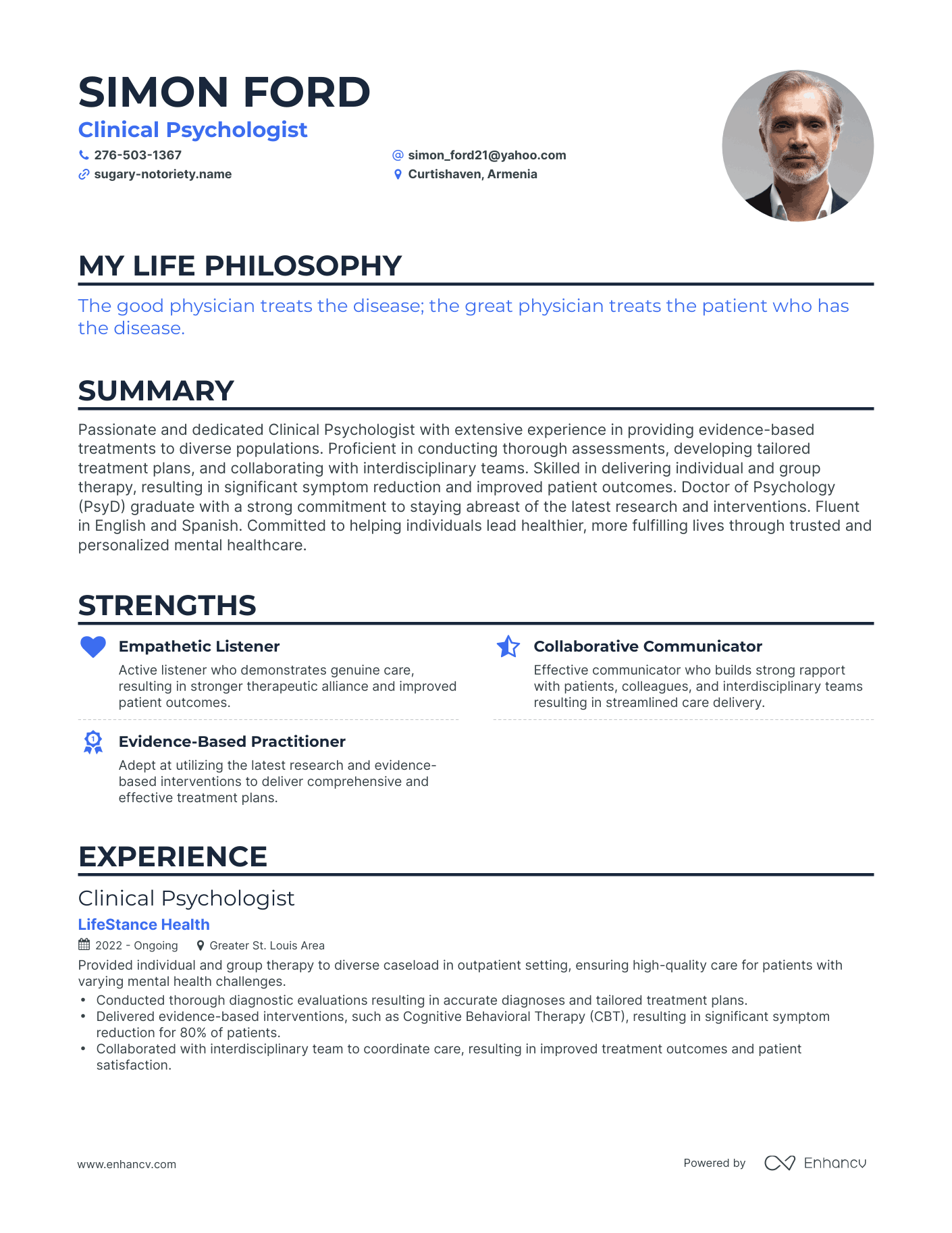 Creative Clinical Psychologist Resume Example