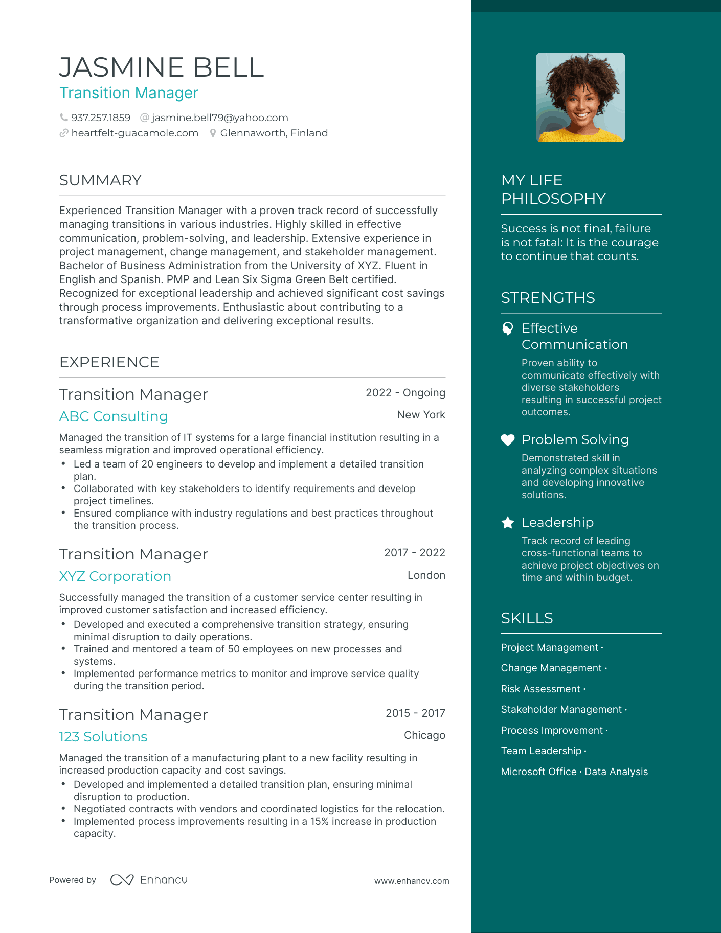 Modern Transition Manager Resume Example