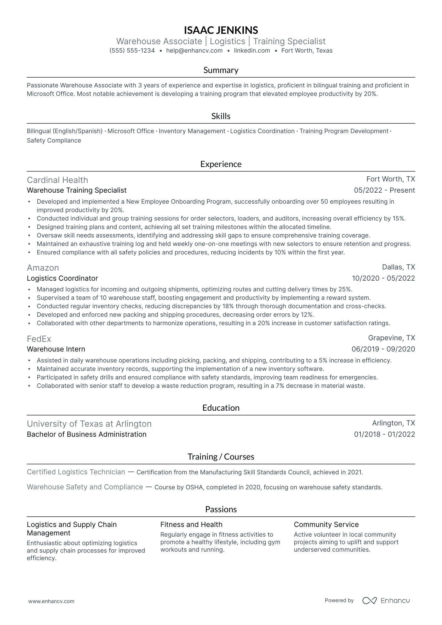 Warehouse Associate Trainer resume example