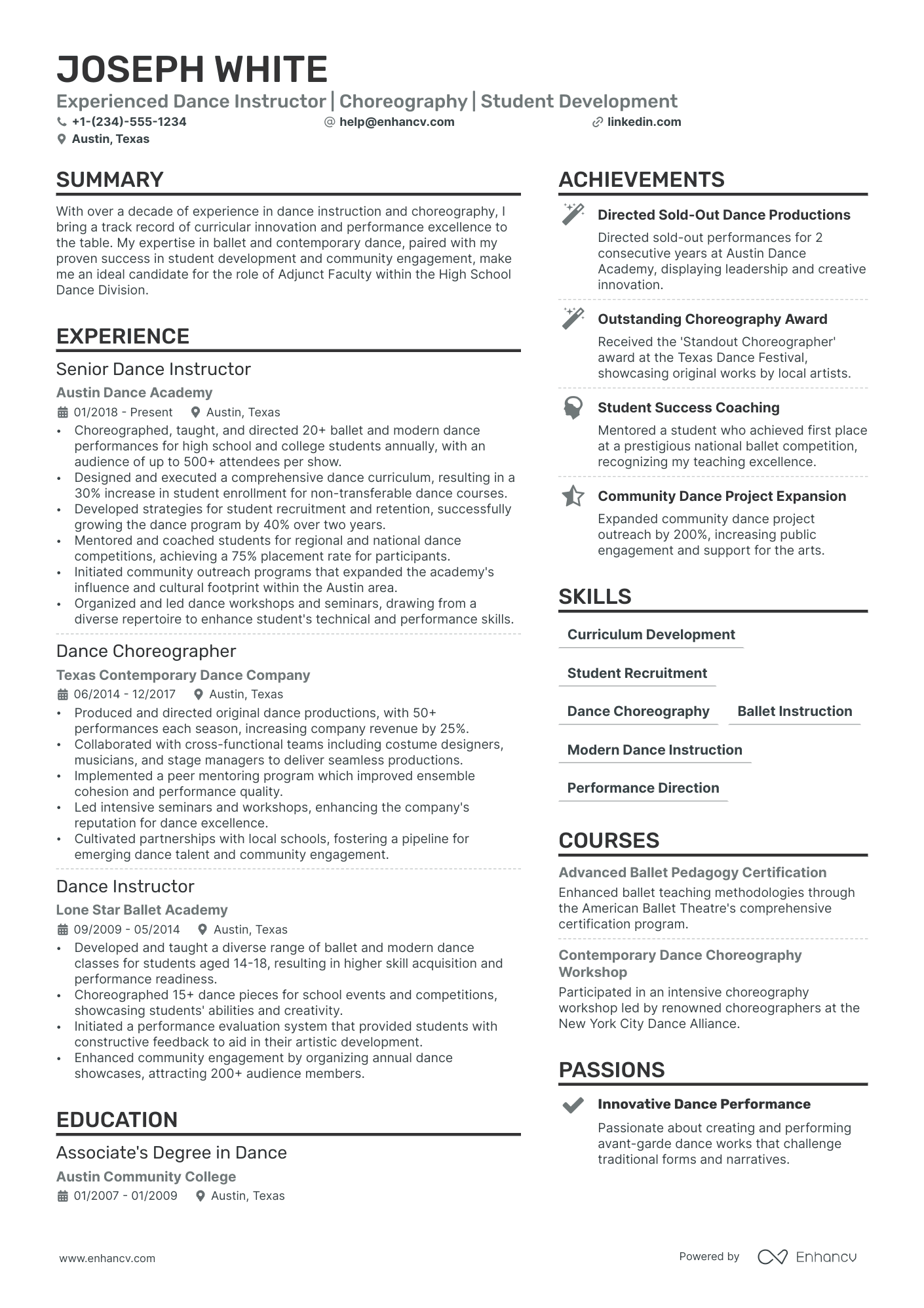 Dance resume example