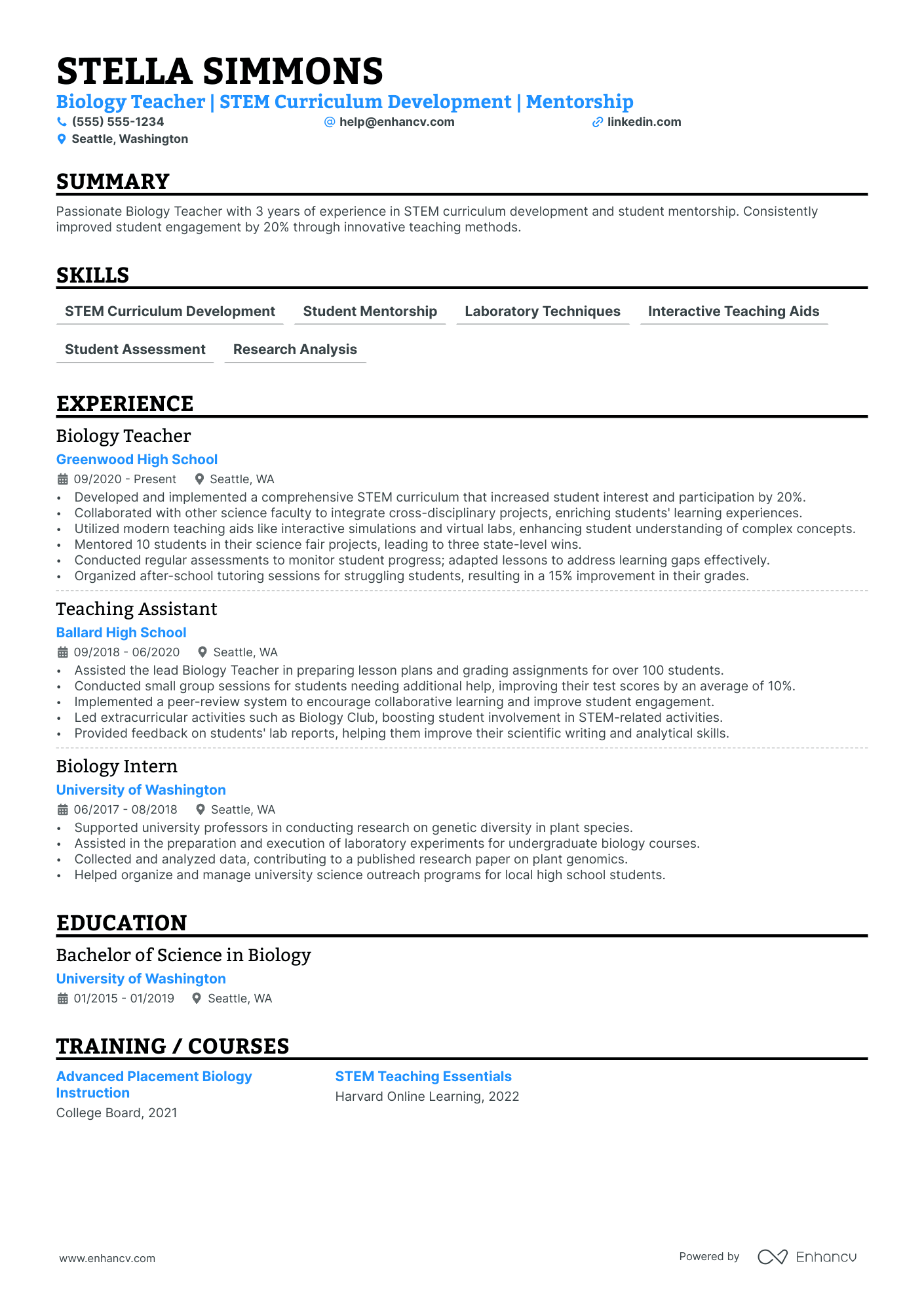 Biology Teacher resume example