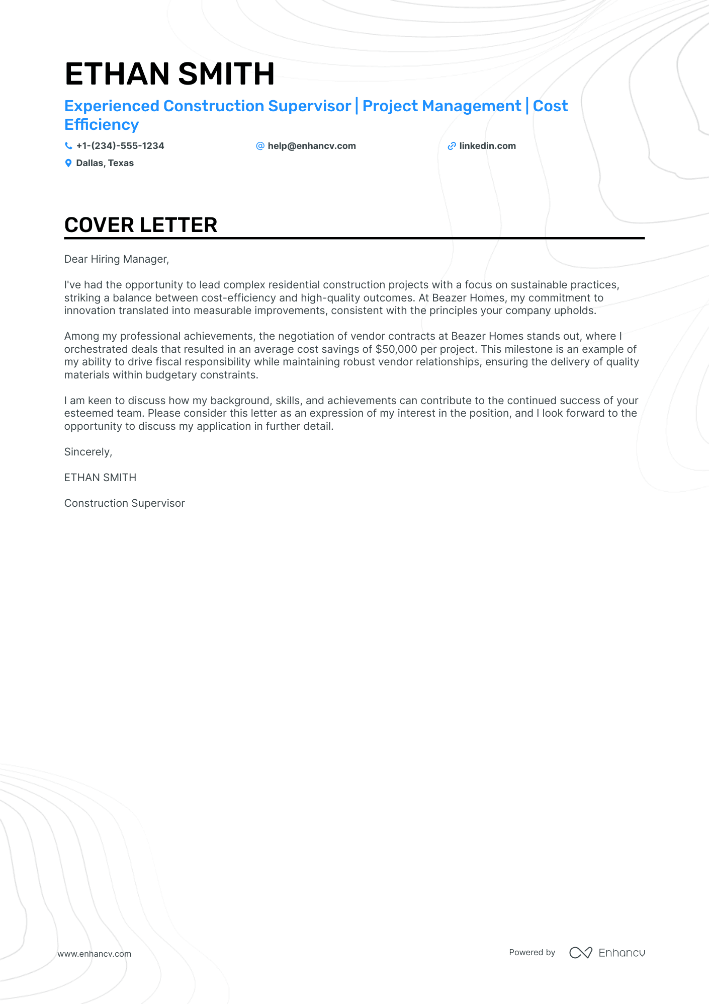 Construction Manager cover letter