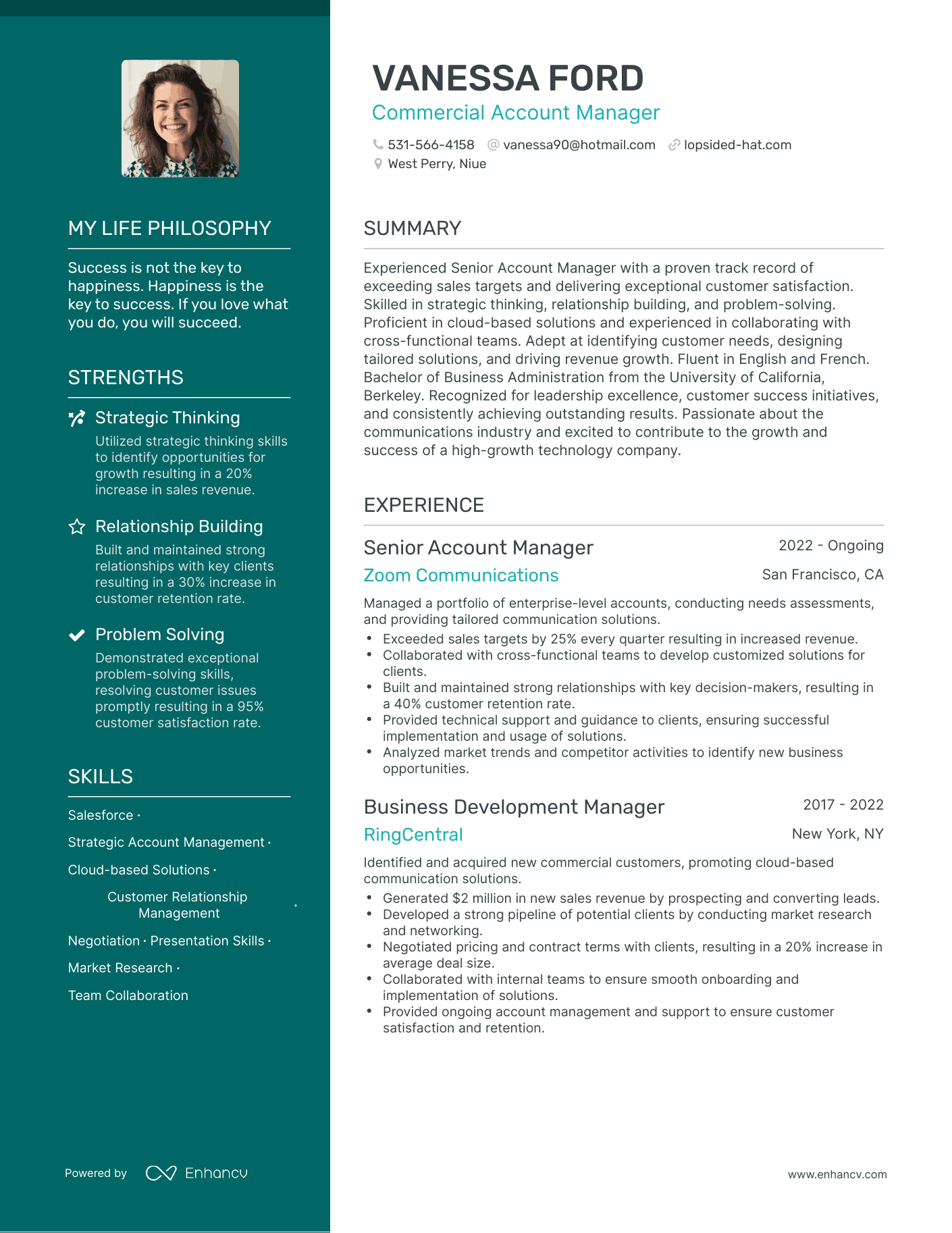 Creative Commercial Account Manager Resume Example
