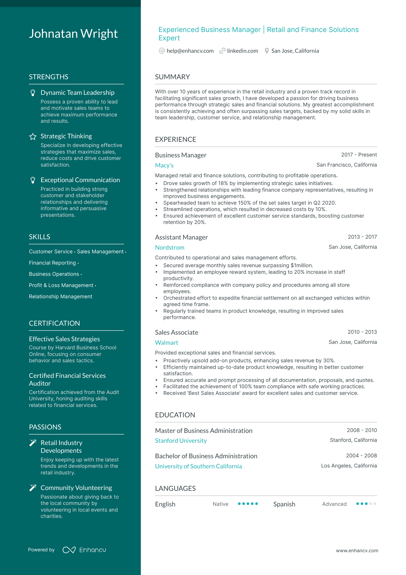 Business Manager resume example