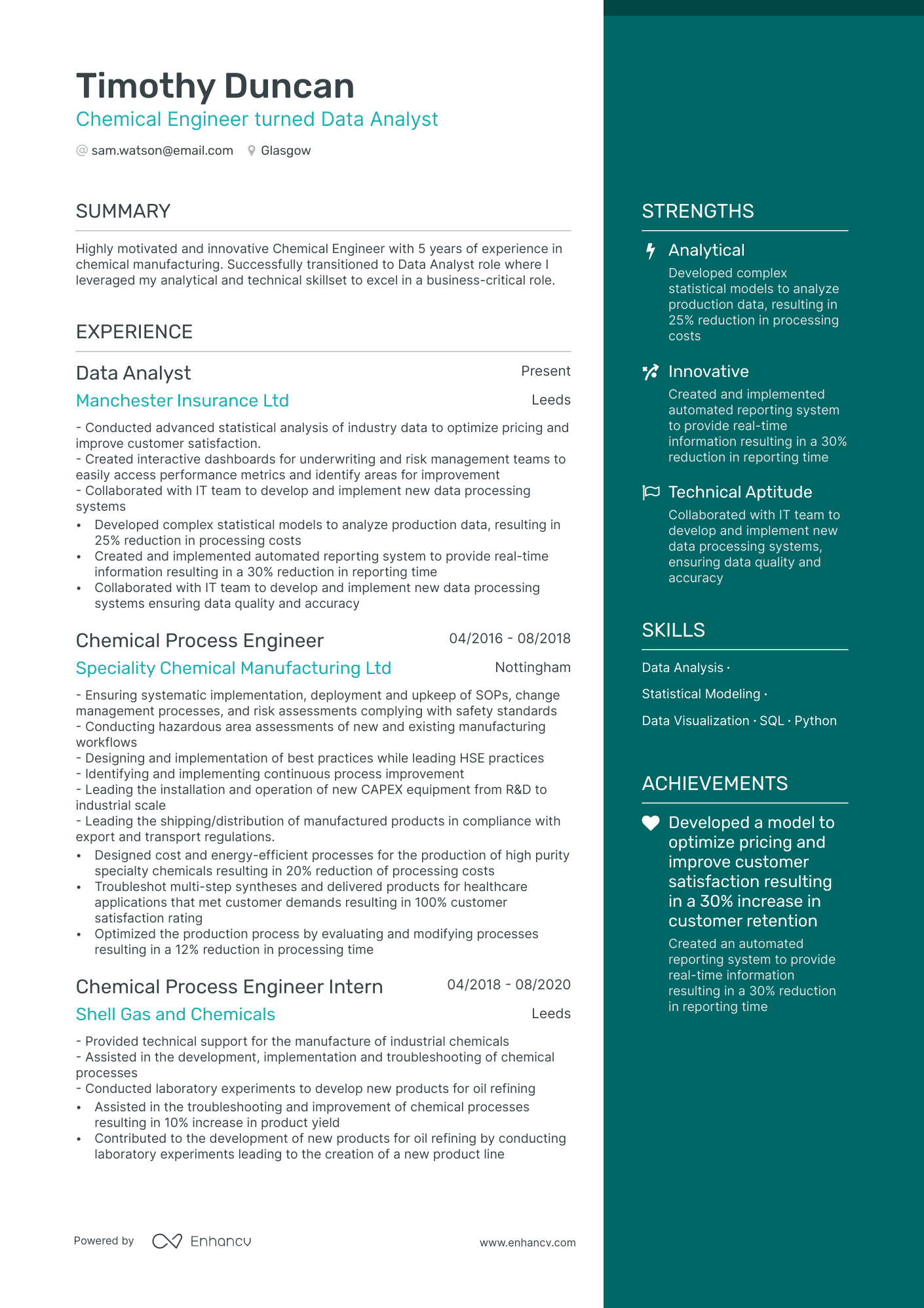 Chemical Engineer turned Data Analyst CV example