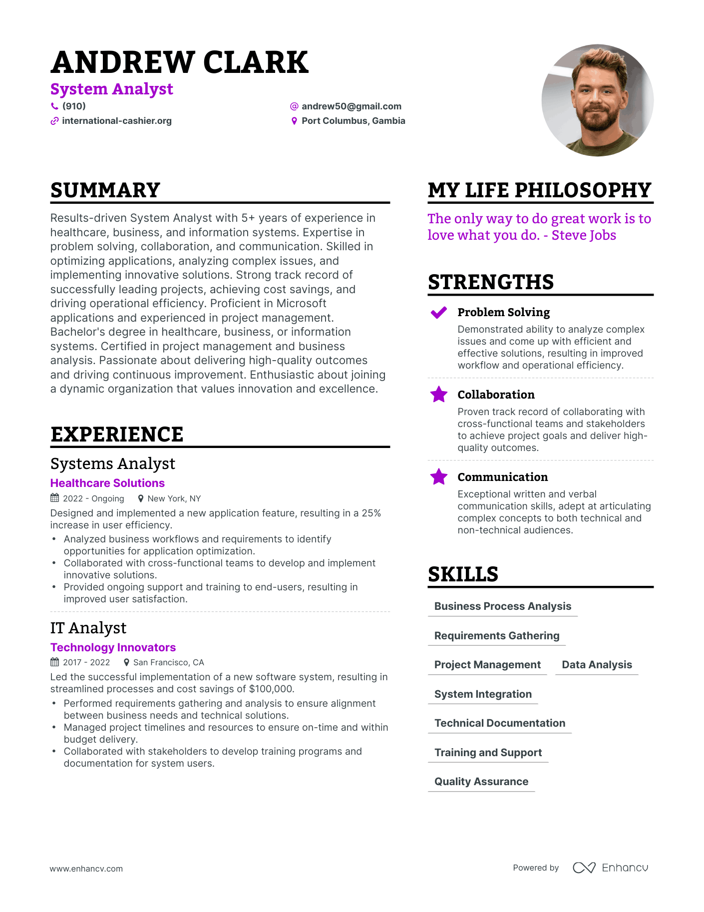 Modern System Analyst Resume Example