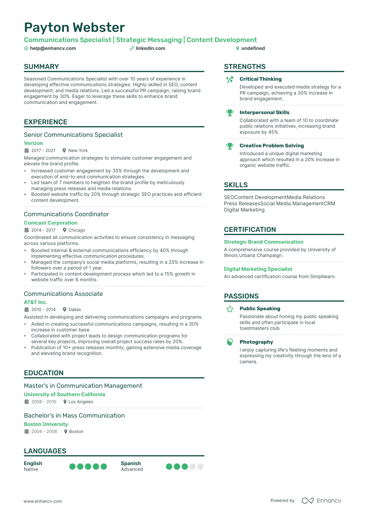 Communications Specialist resume example