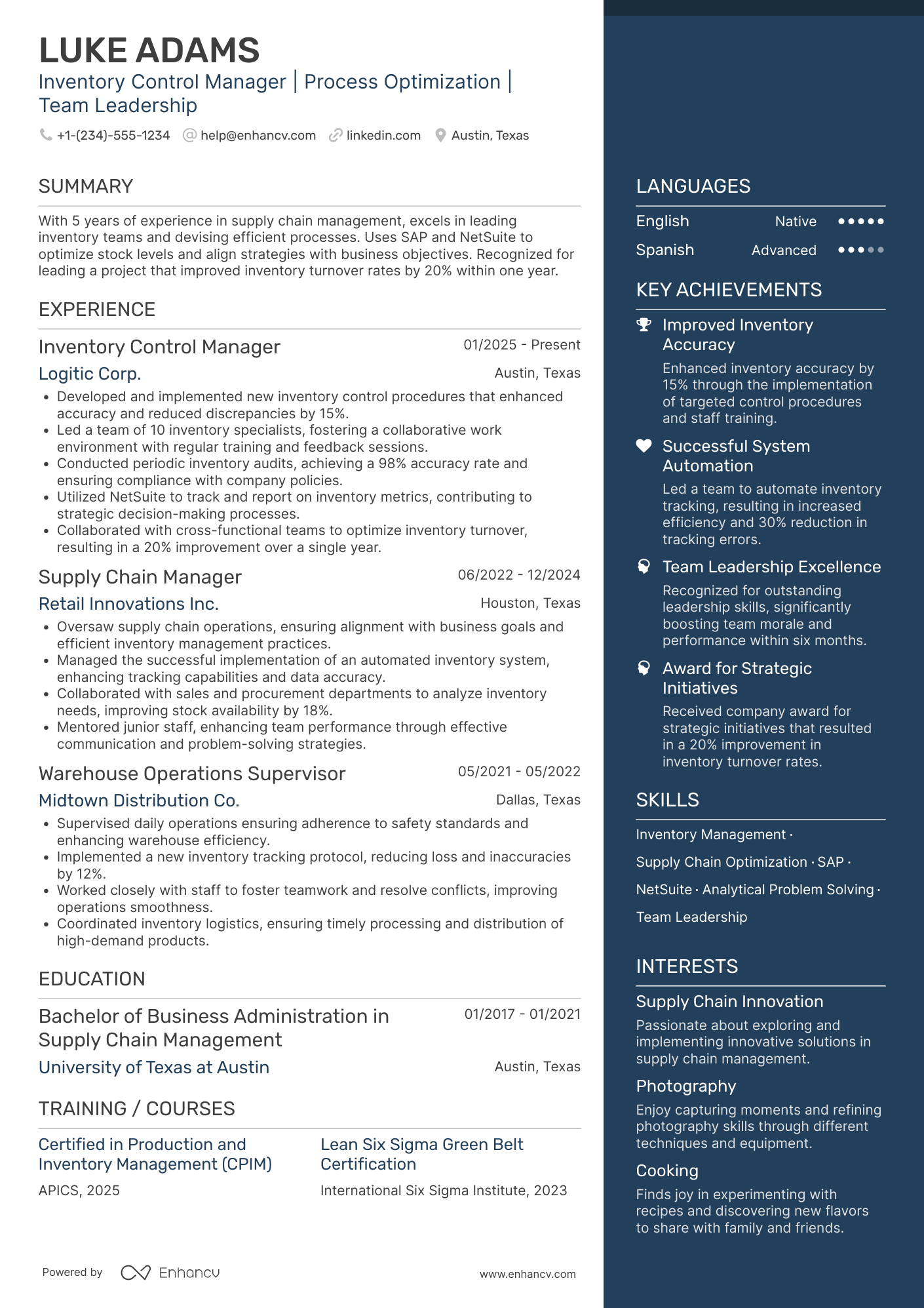Inventory Control Manager resume example