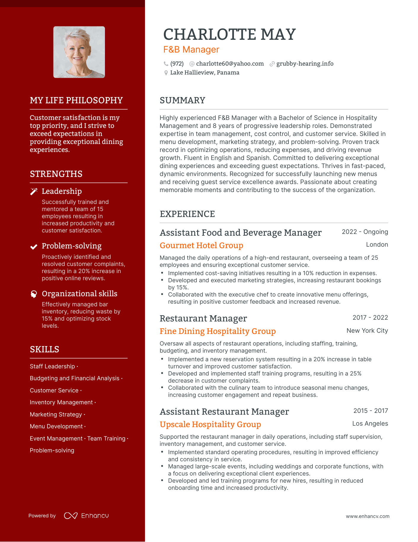 Creative F&B Manager Resume Example