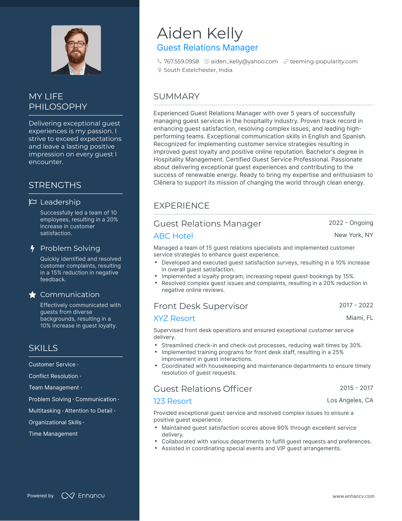 Creative Guest Relations Manager Resume Example
