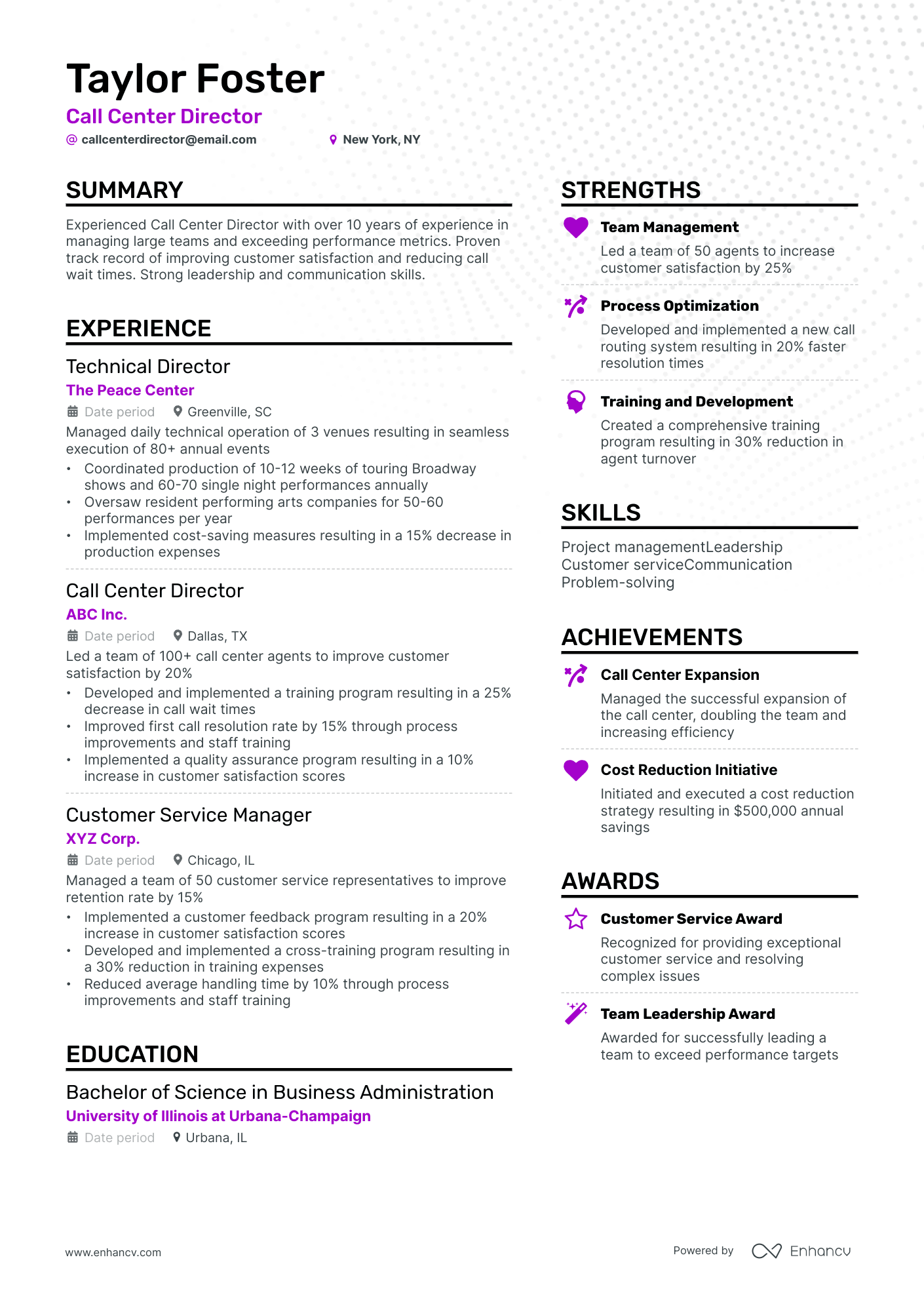 call center director resume example