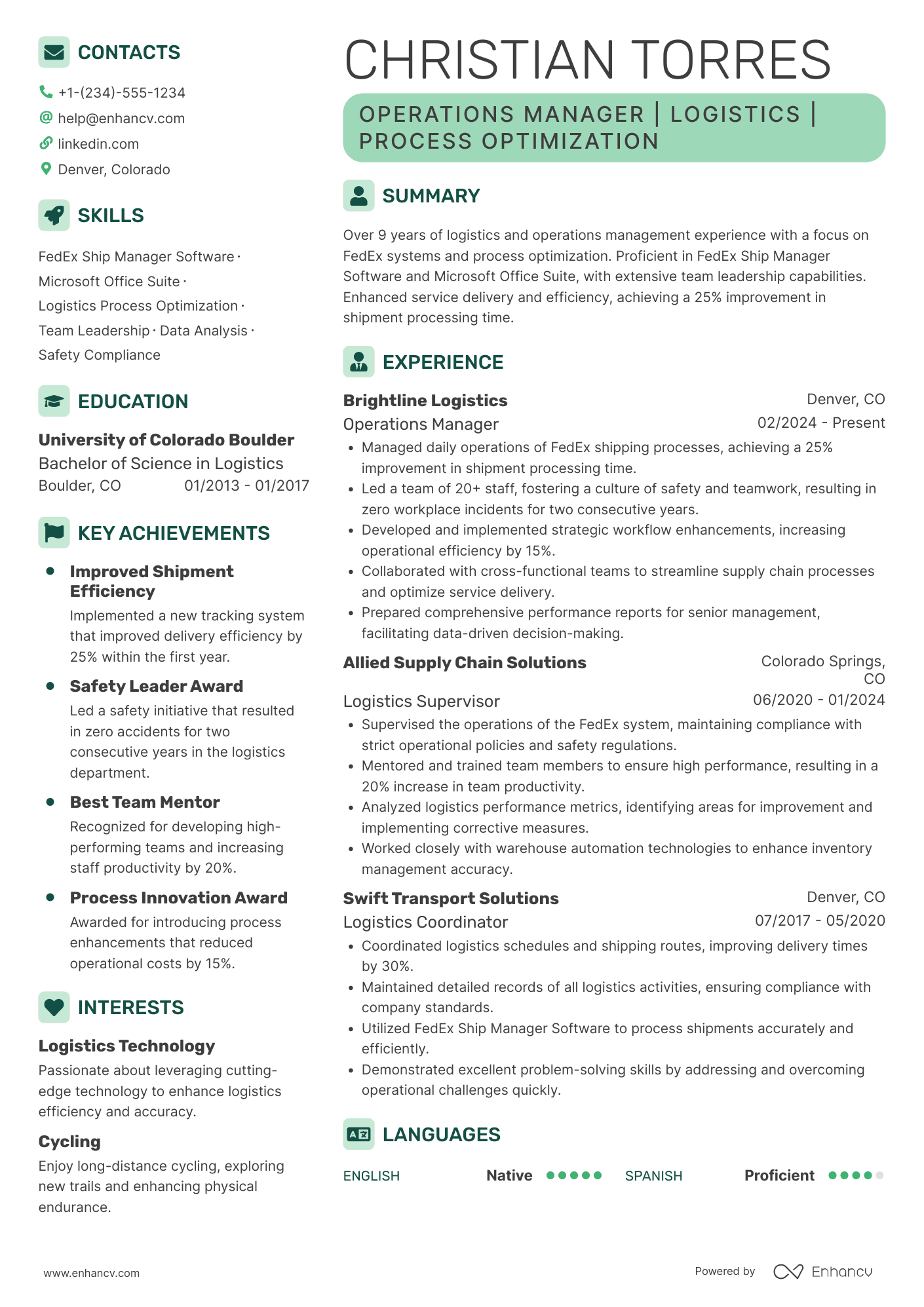 FedEx Operations Manager resume example