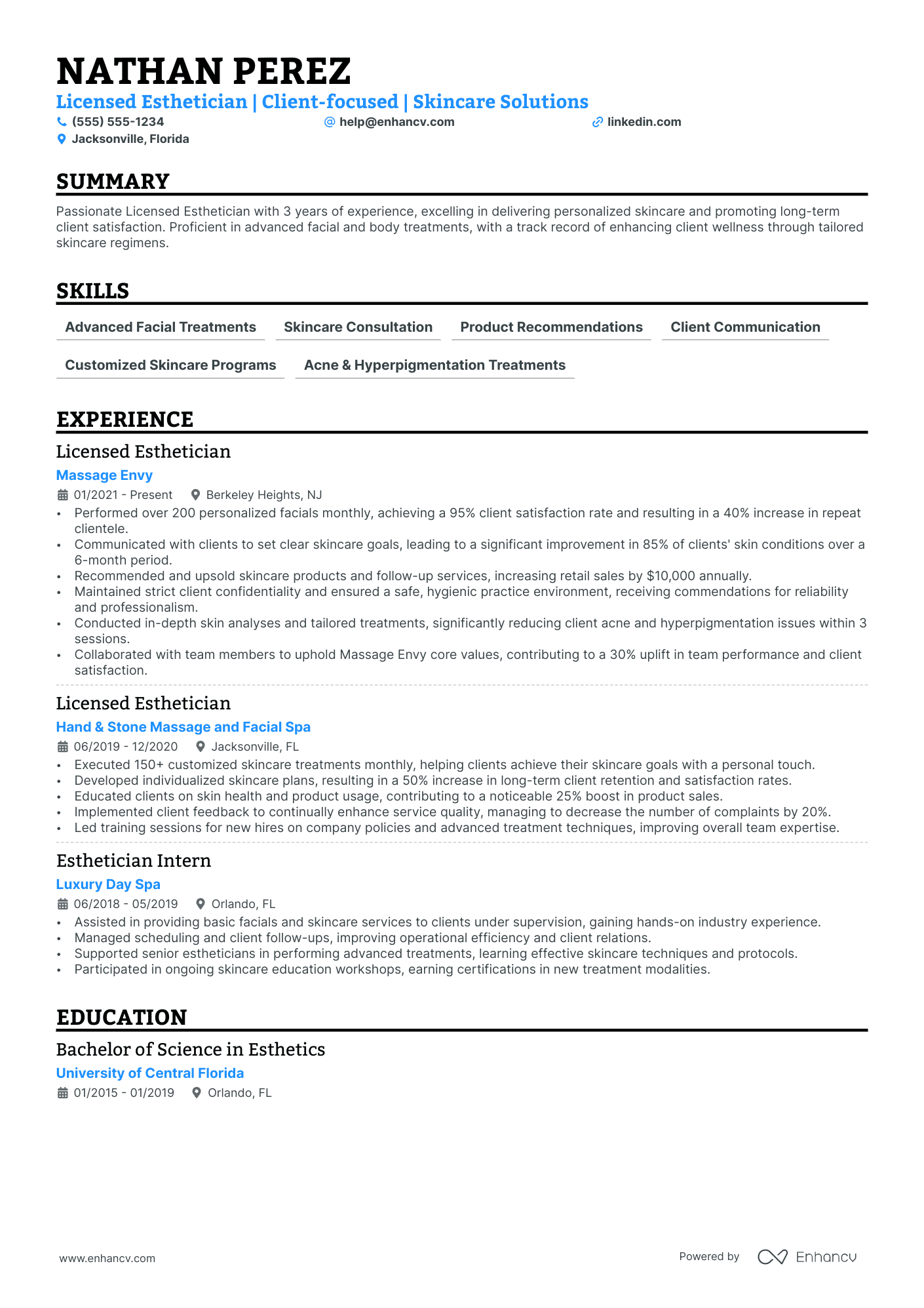 Licensed Esthetician resume example