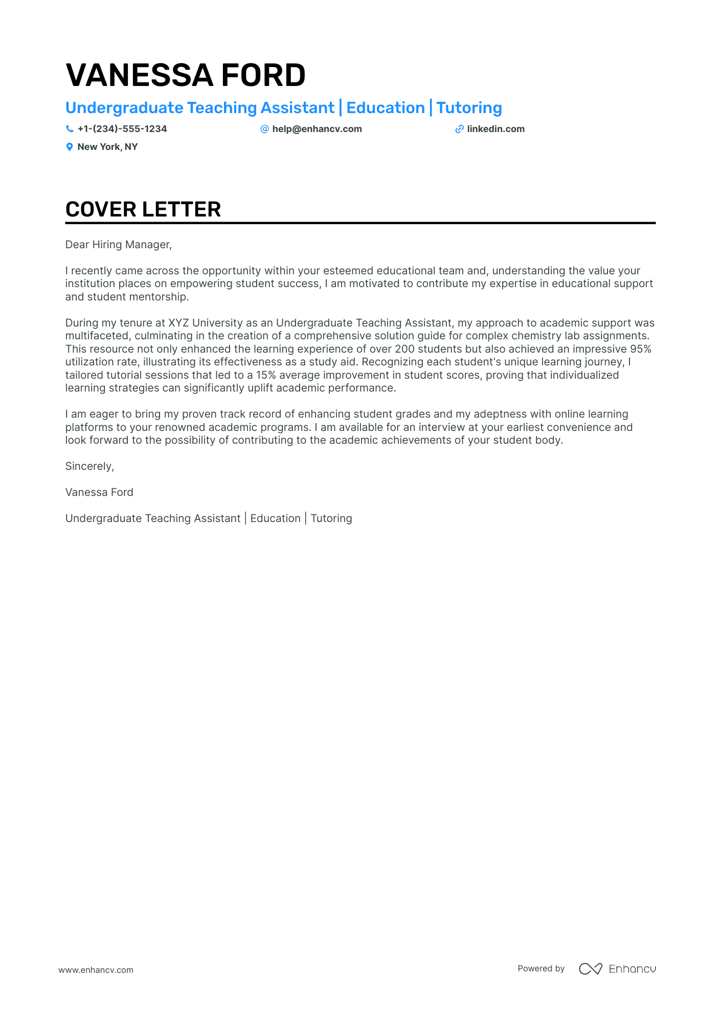 Undergraduate Teaching Assistant cover letter