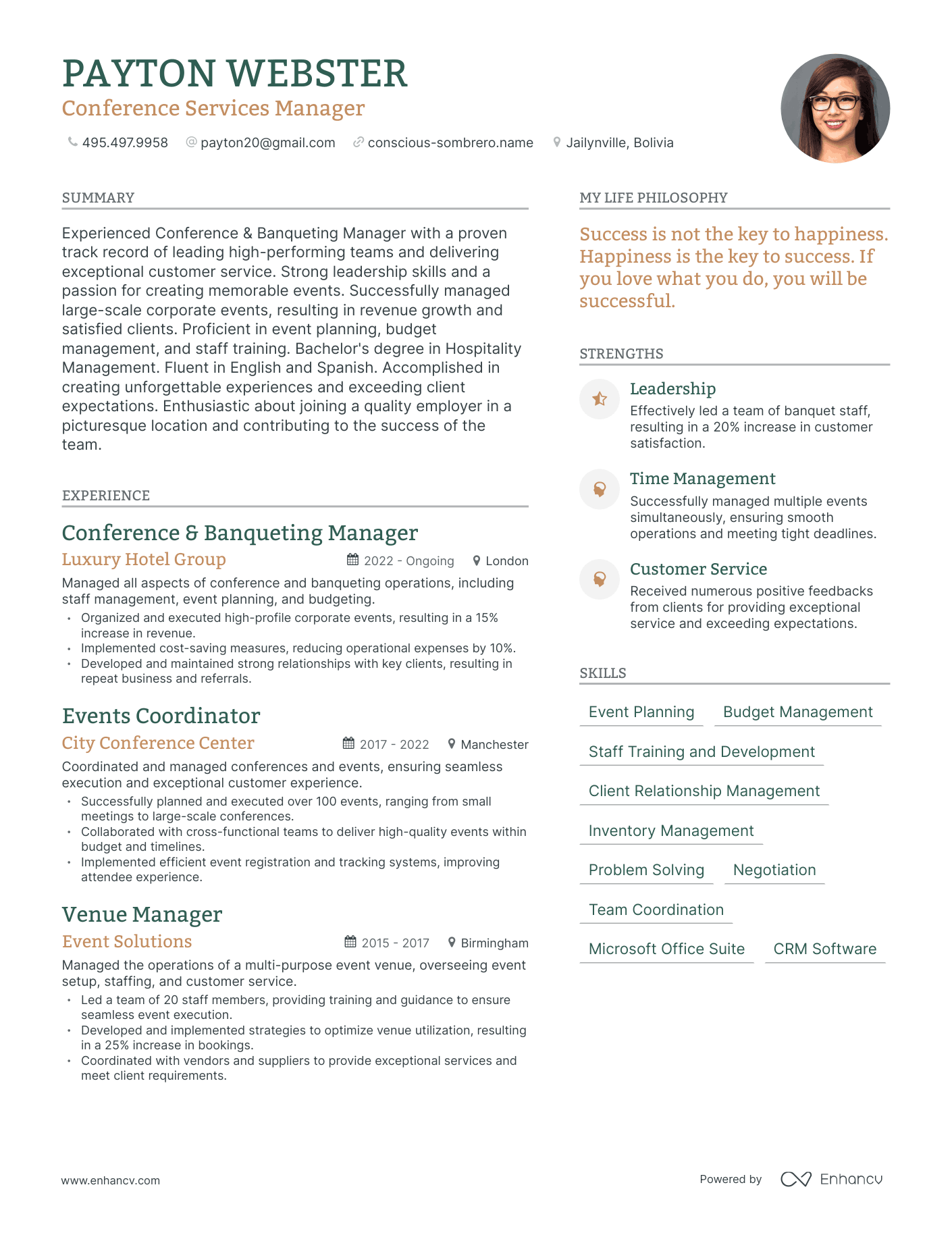 Modern Conference Services Manager Resume Example