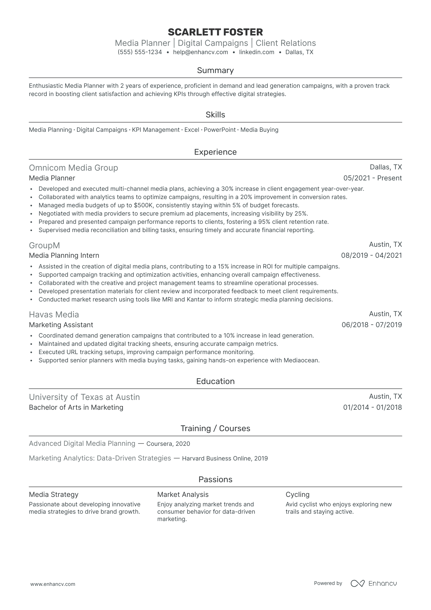 Senior Media Planner resume example