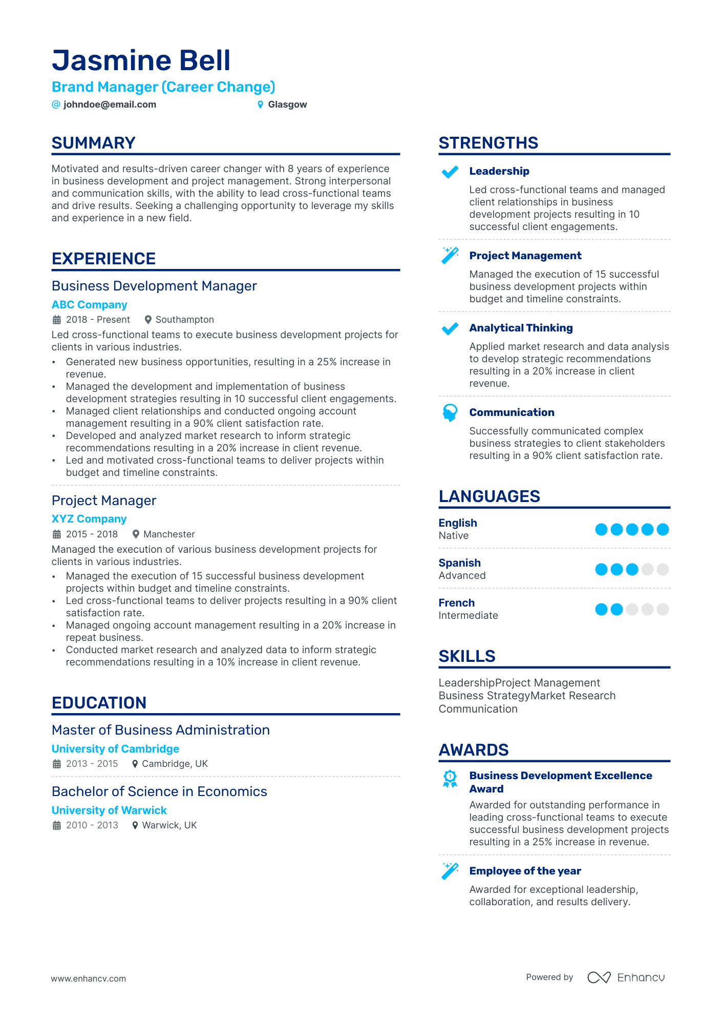 Brand Manager (Career Change) CV example