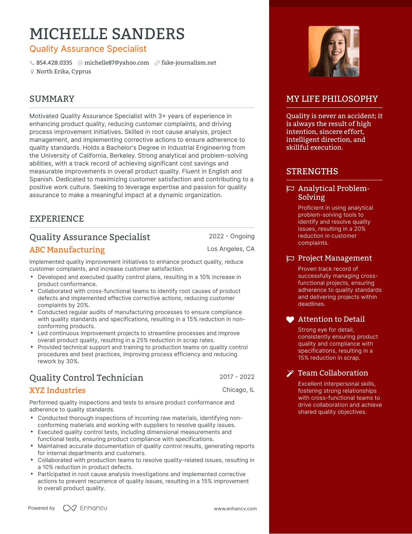Quality Assurance Specialist resume example