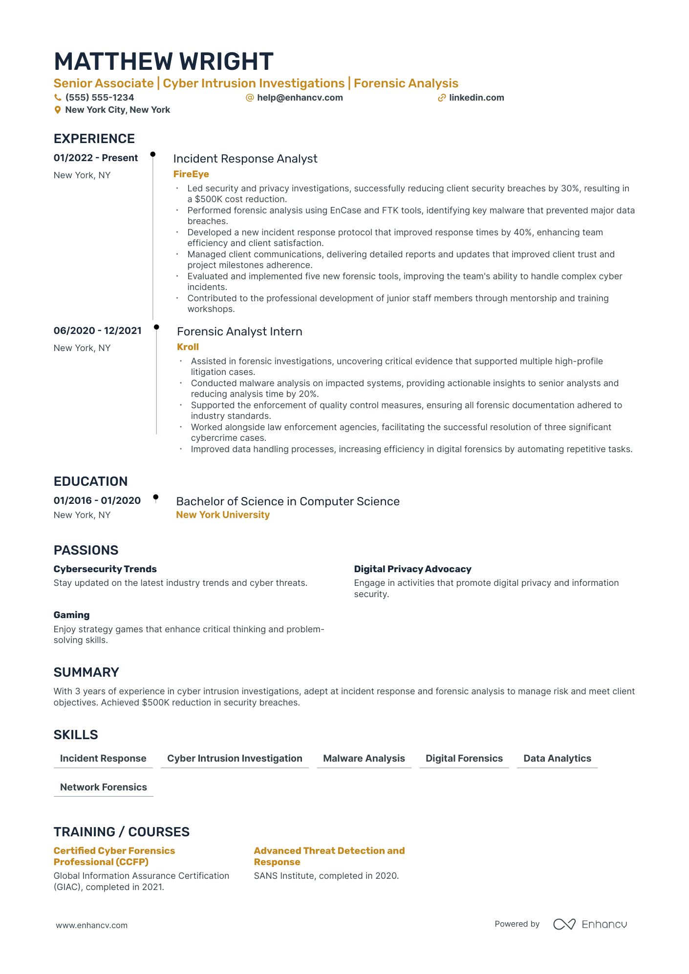 Cybersecurity Incident Responder resume example