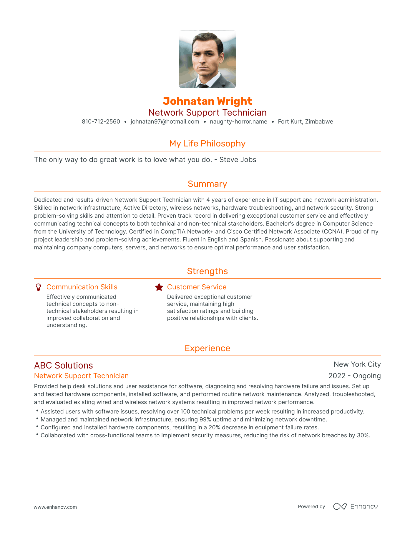 Modern Network Support Technician Resume Example