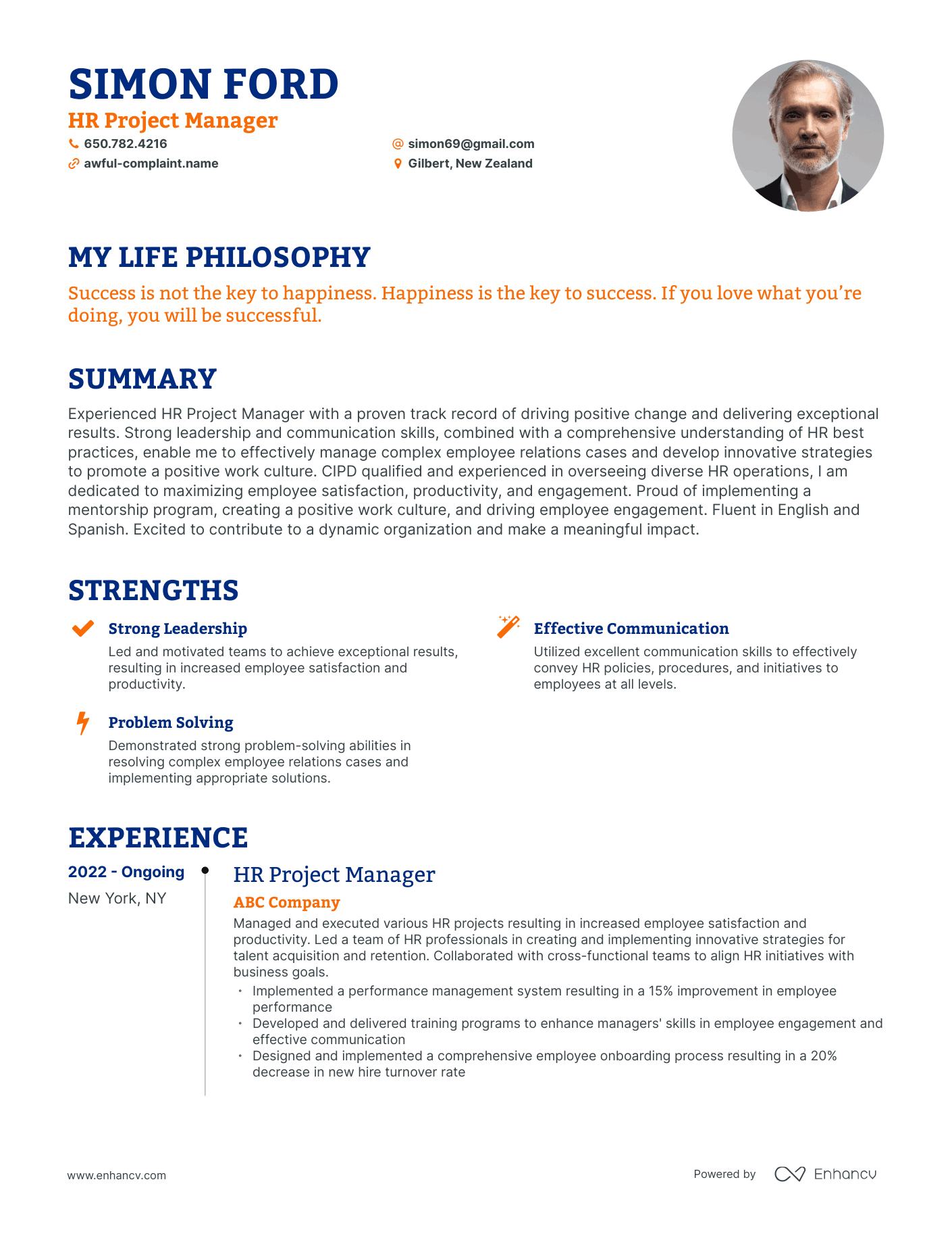 Creative HR Project Manager Resume Example
