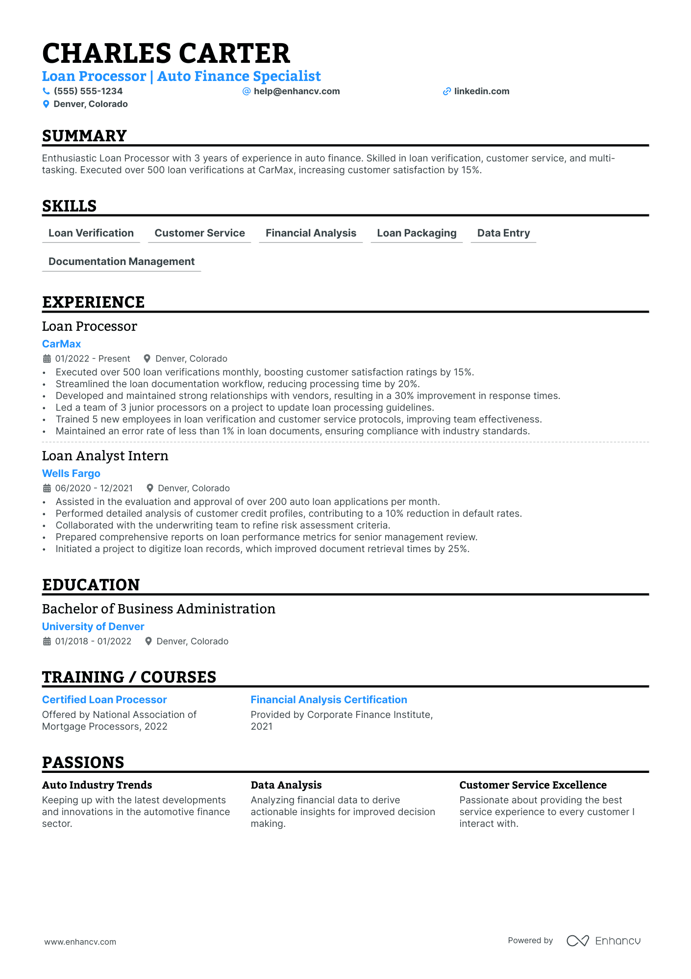 Auto Loan Processor resume example