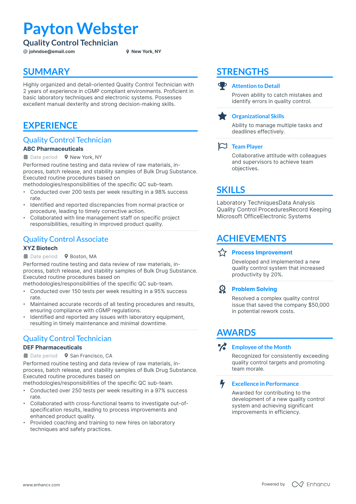 quality control technician resume example
