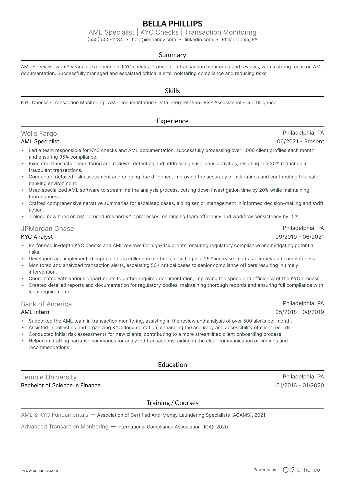 KYC Quality Assurance Analyst resume example