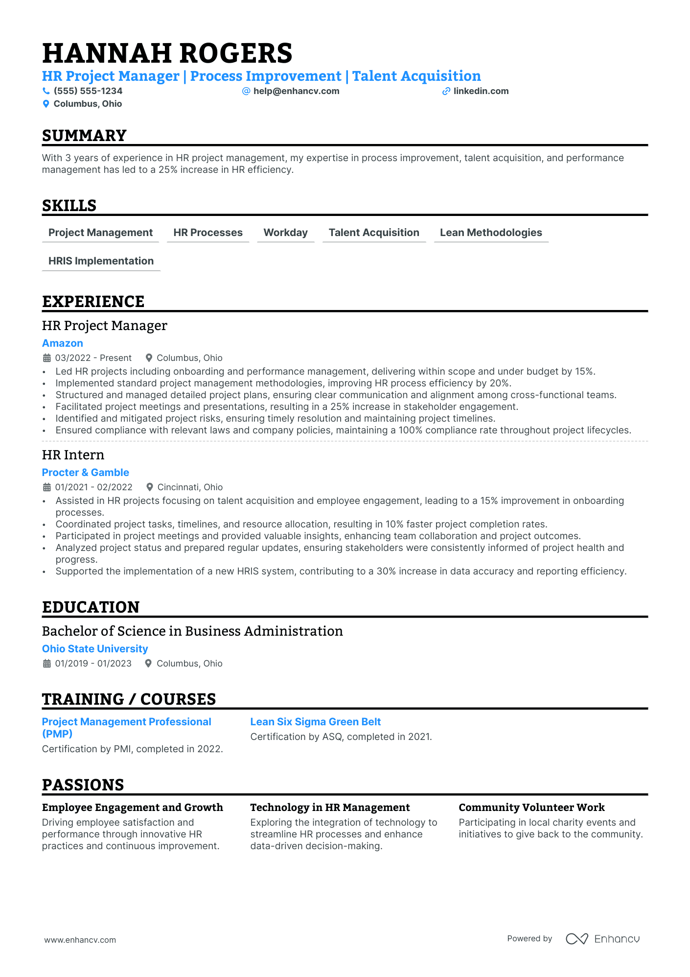 HR Operations Project Manager resume example