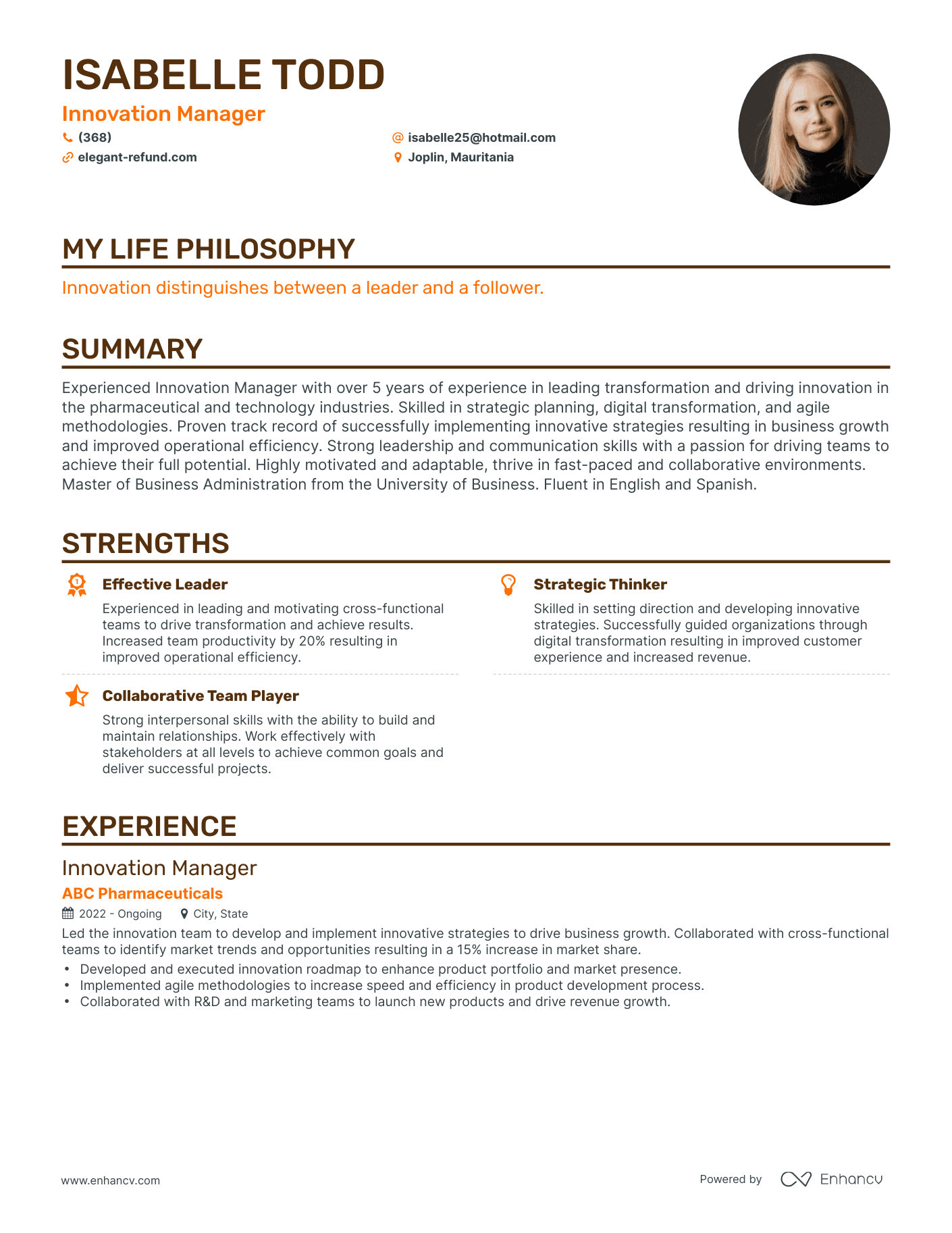 Creative Innovation Manager Resume Example
