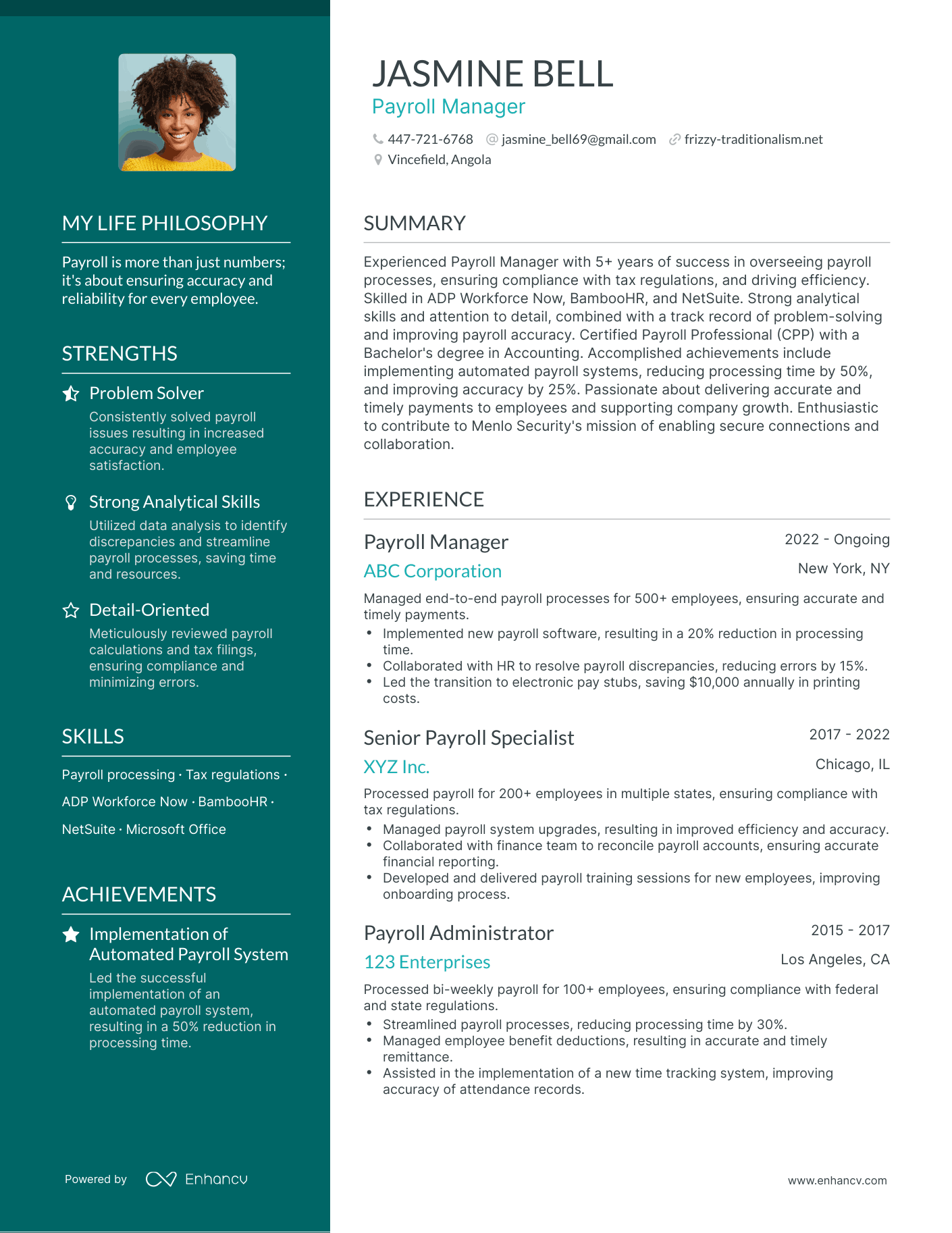 Creative Payroll Manager Resume Example