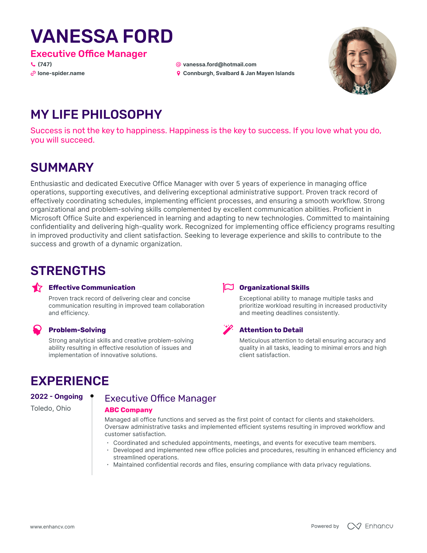 Creative Executive Office Manager Resume Example