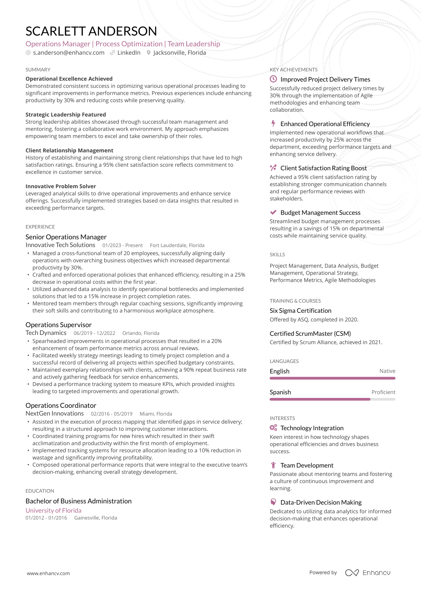 Compact ATS resume template showing a high density, single page layout and a real Operations Manager resume example.
