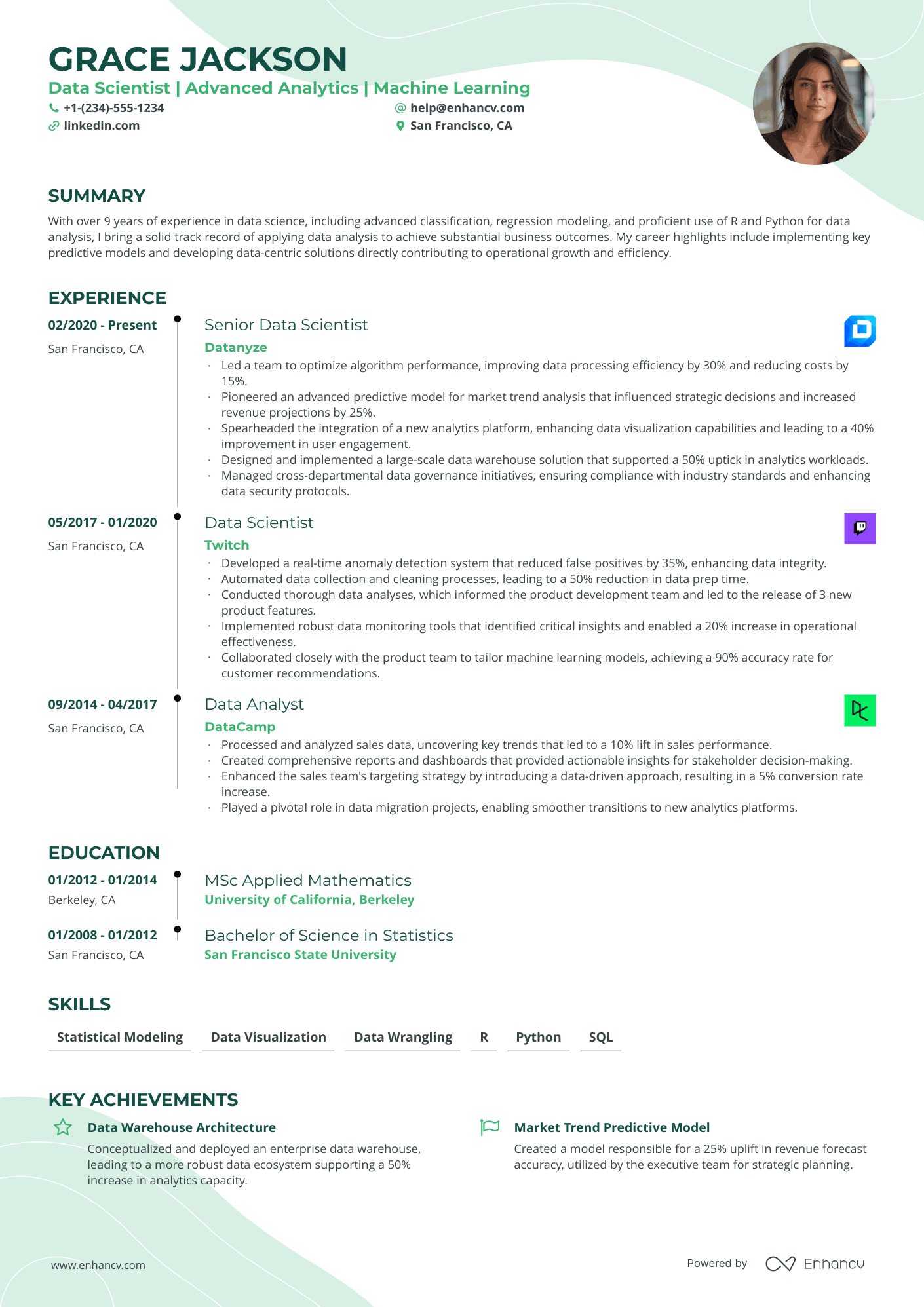 A single column timeline resume template with green accent colors.