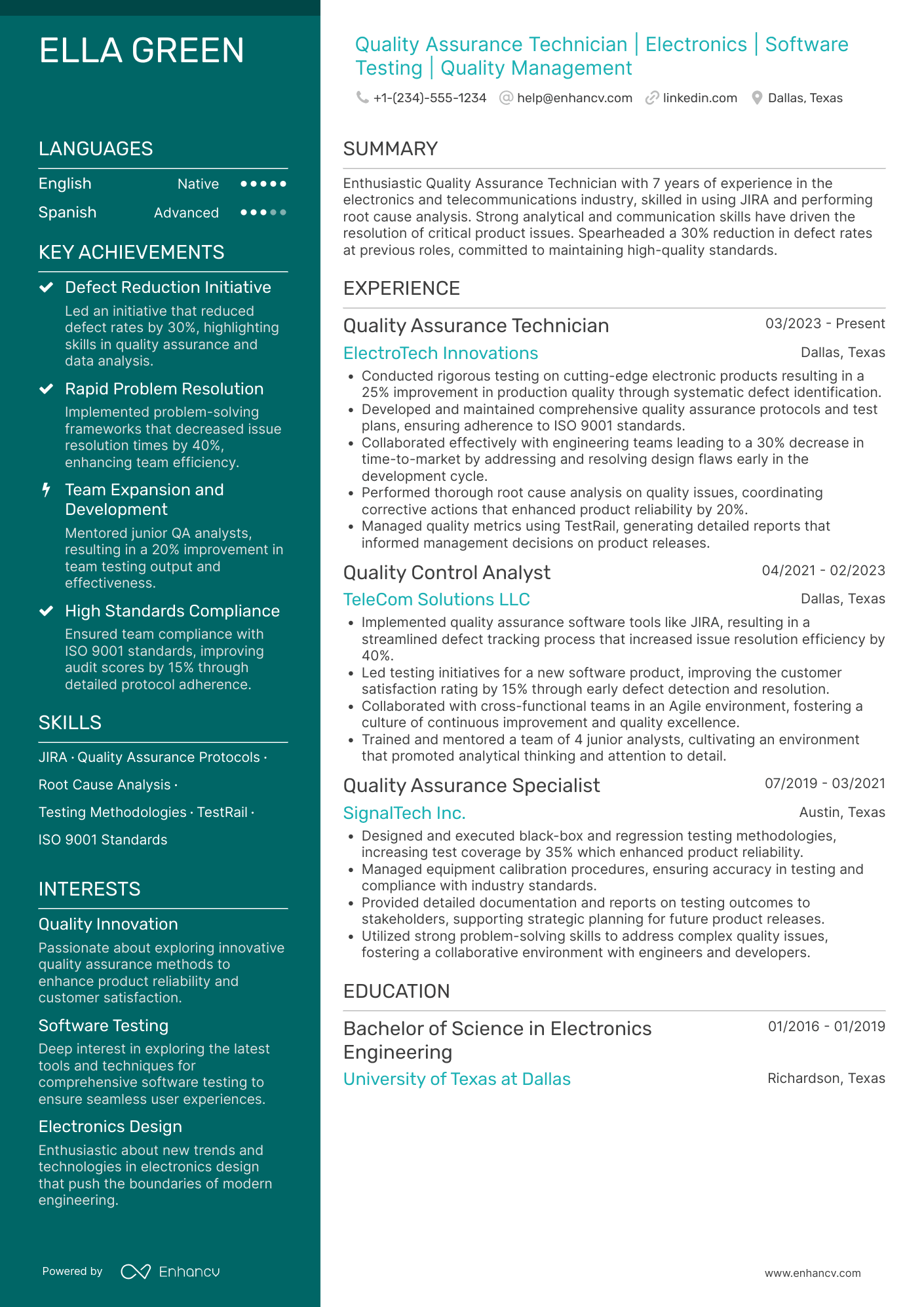 Quality Assurance Technician resume example